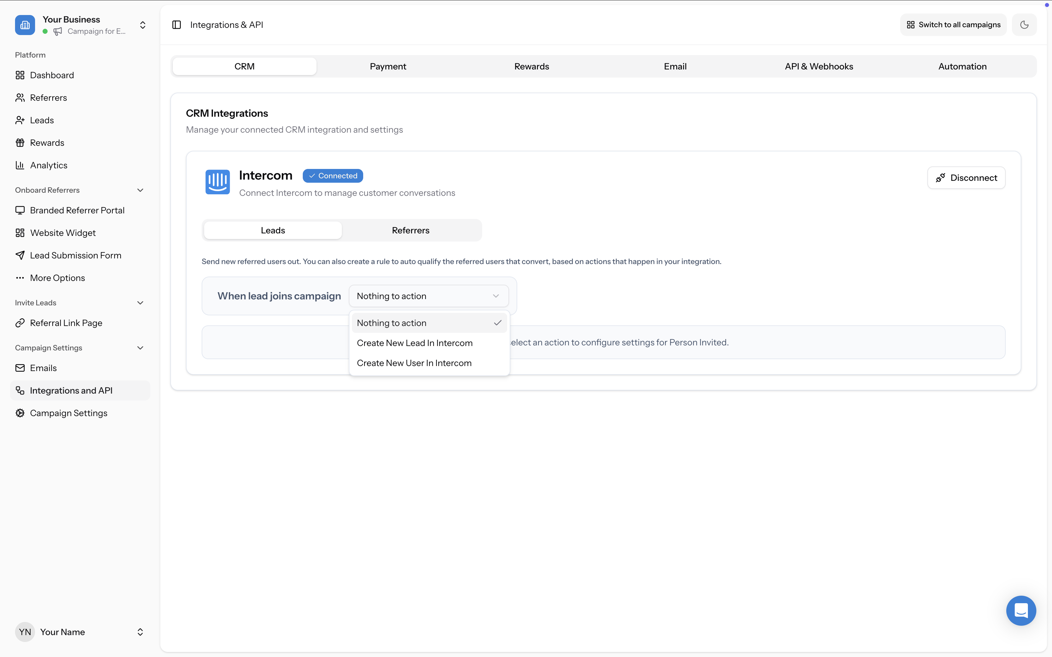 Leads tab showing action dropdown with Create New Lead and Create New User options