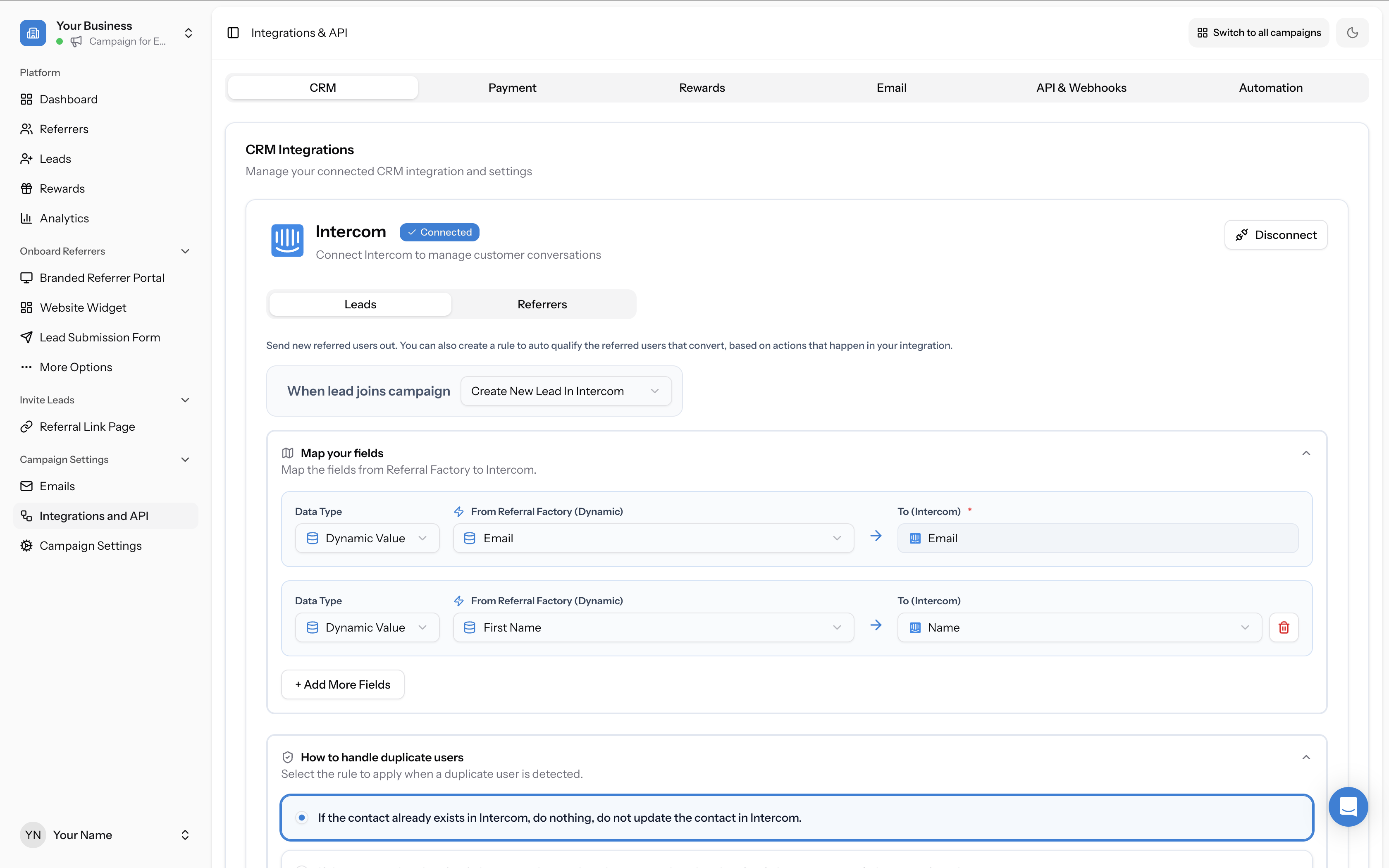 Field mapping showing Email → Email and First Name → Name