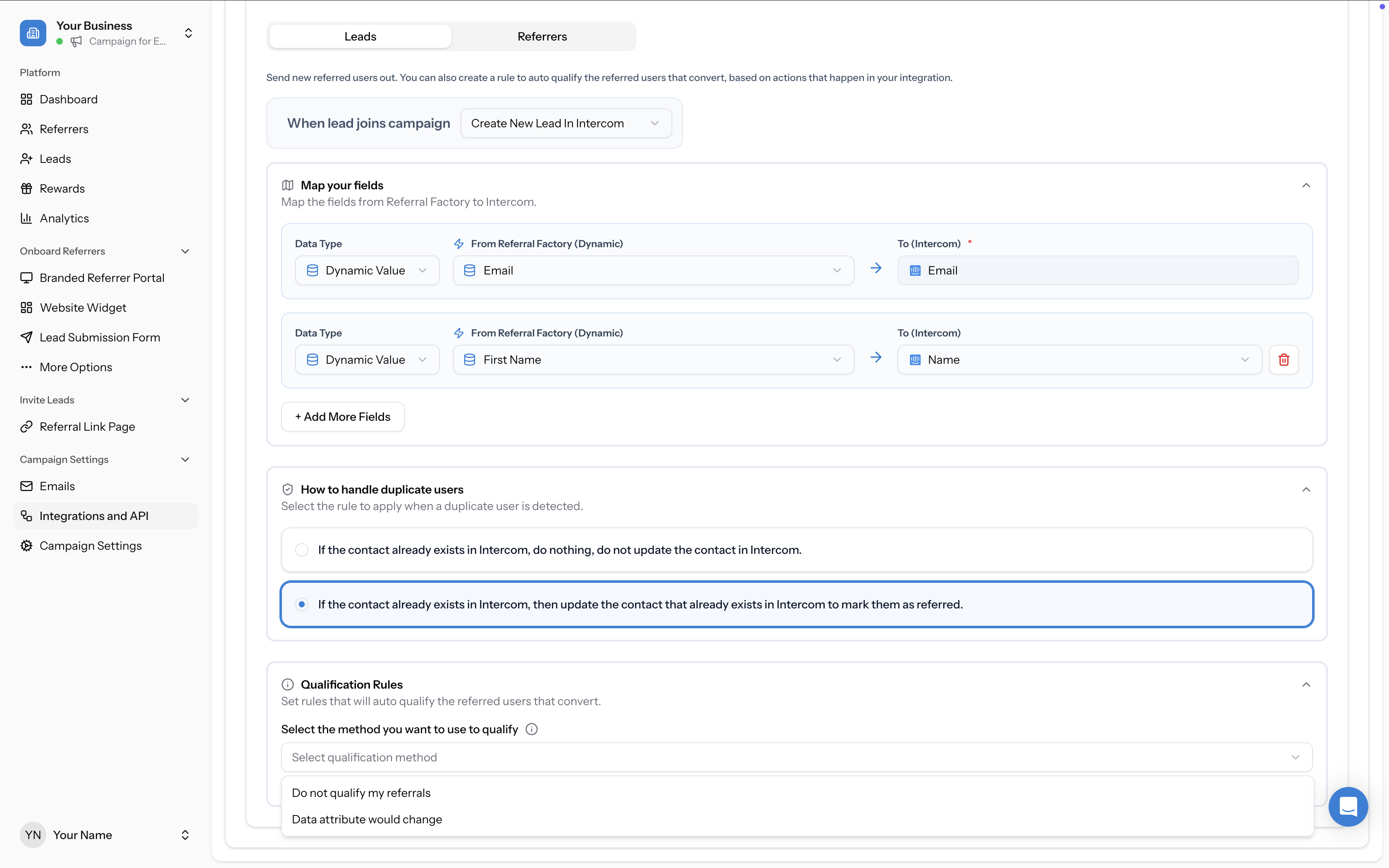 Qualification method dropdown showing "Do not qualify my referrals" and "Data attribute would change" options
