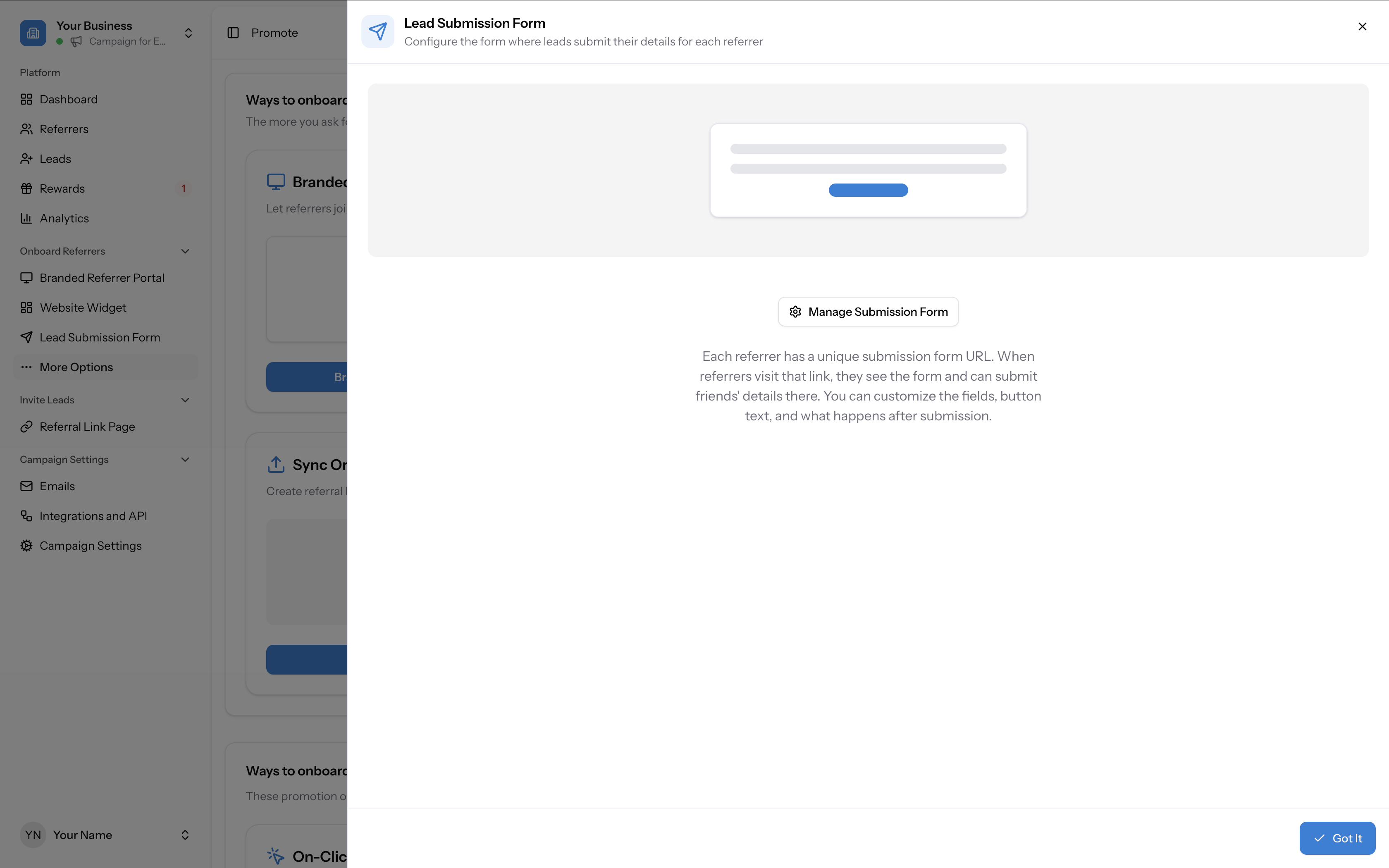 Lead Submission Form preview panel showing the form description and "Manage Submission Form" button