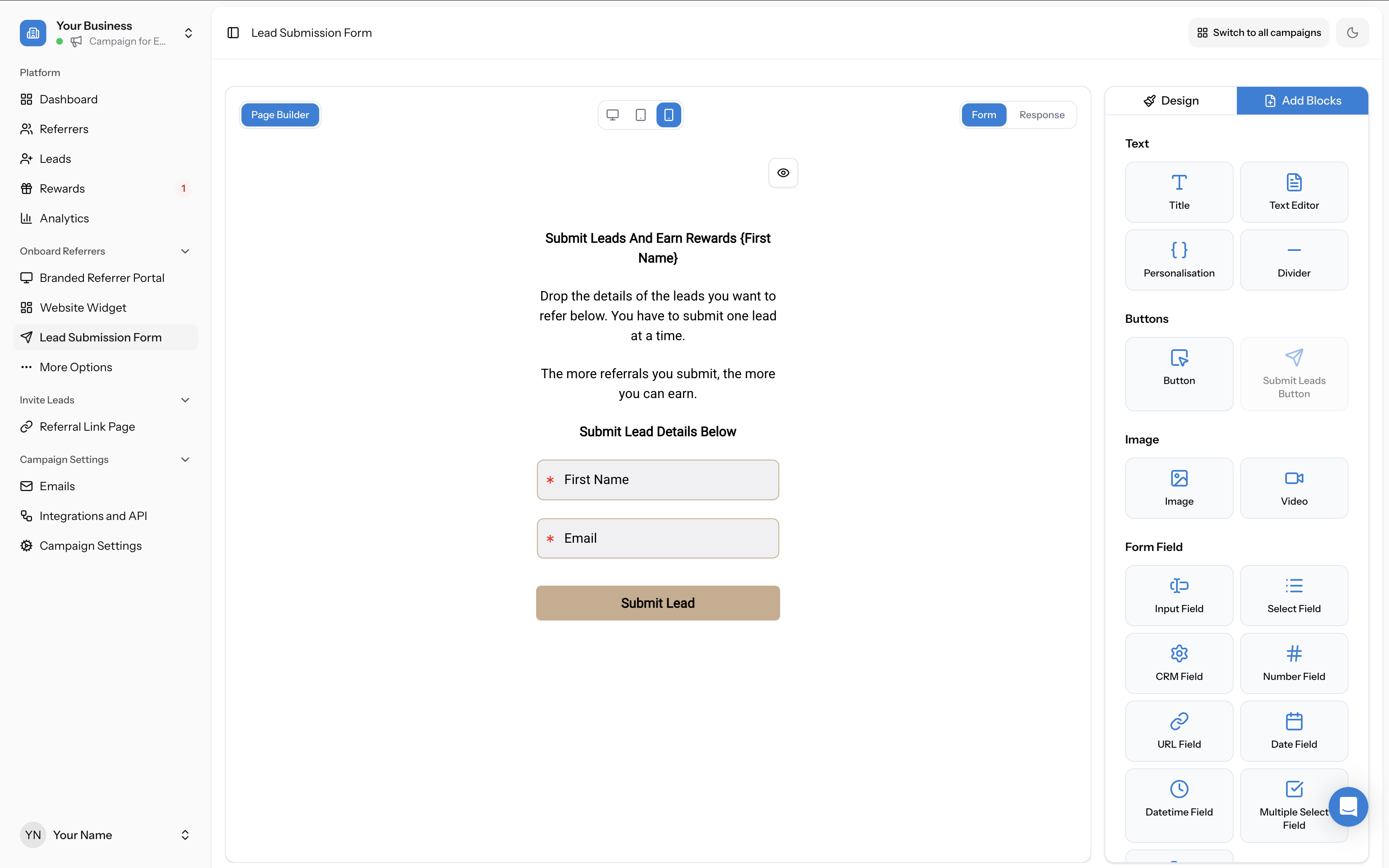 Lead Submission Form builder showing the Form tab with the canvas on the left and Add Blocks panel on the right