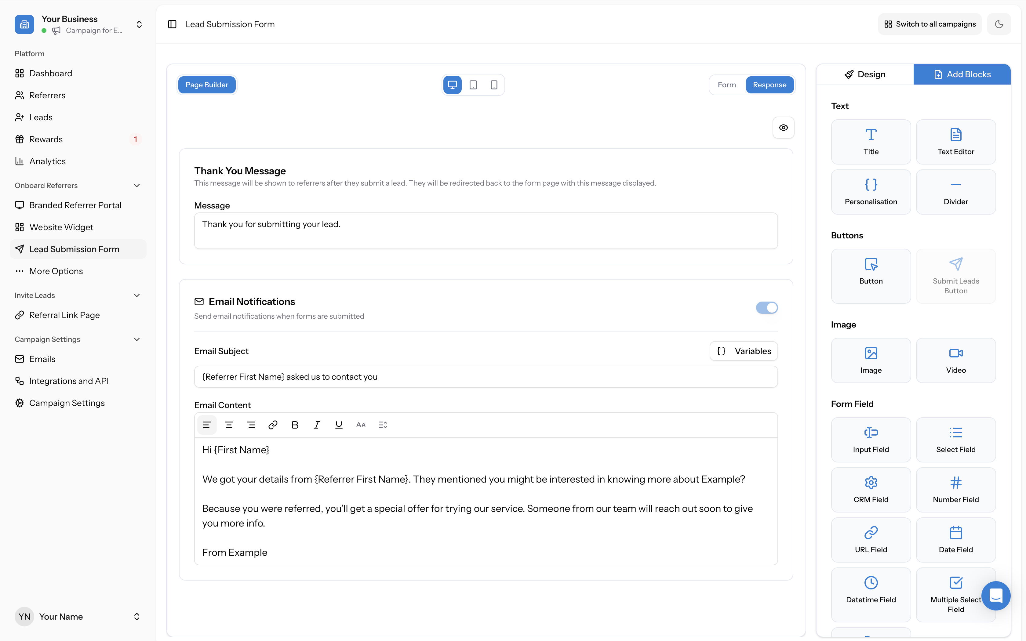 Response tab showing the Thank You Message field and Email Notifications section below it