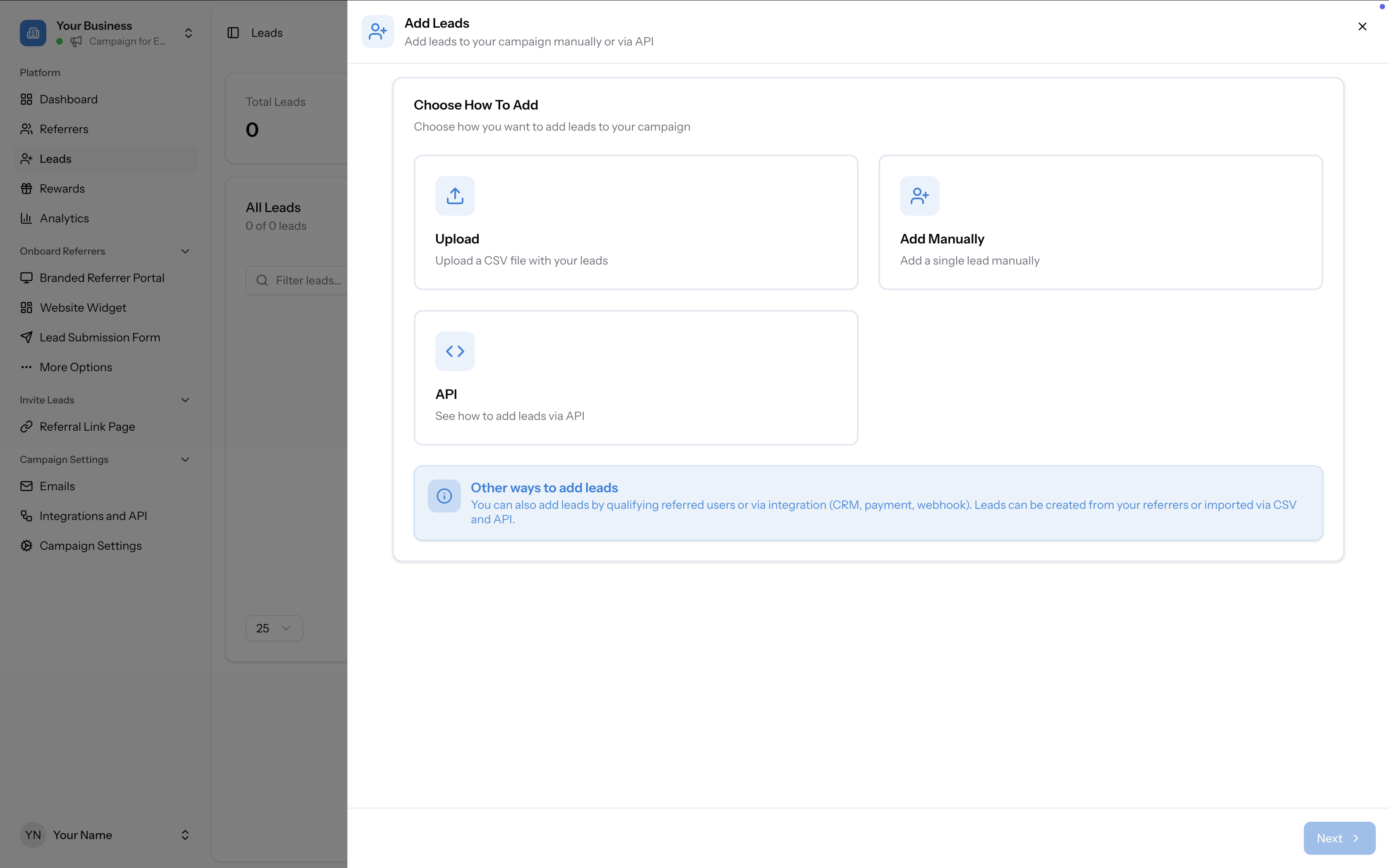 Add Leads modal showing the three options: Upload, Add Manually, API