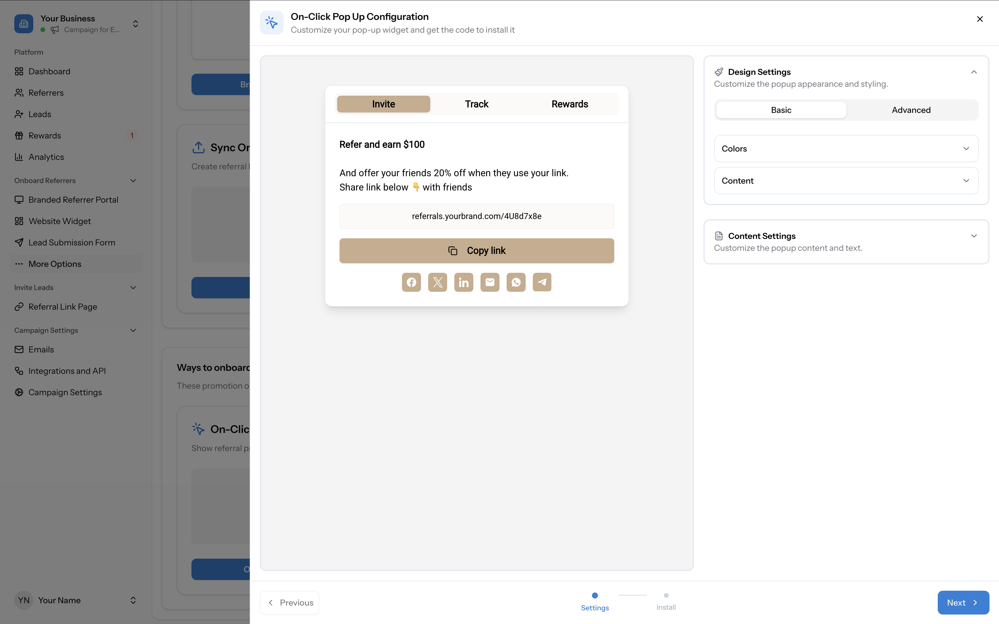 On-Click Pop Up Configuration panel showing the popup preview on the left and Design Settings / Content Settings on the right, with Settings and Install step indicators at the bottom