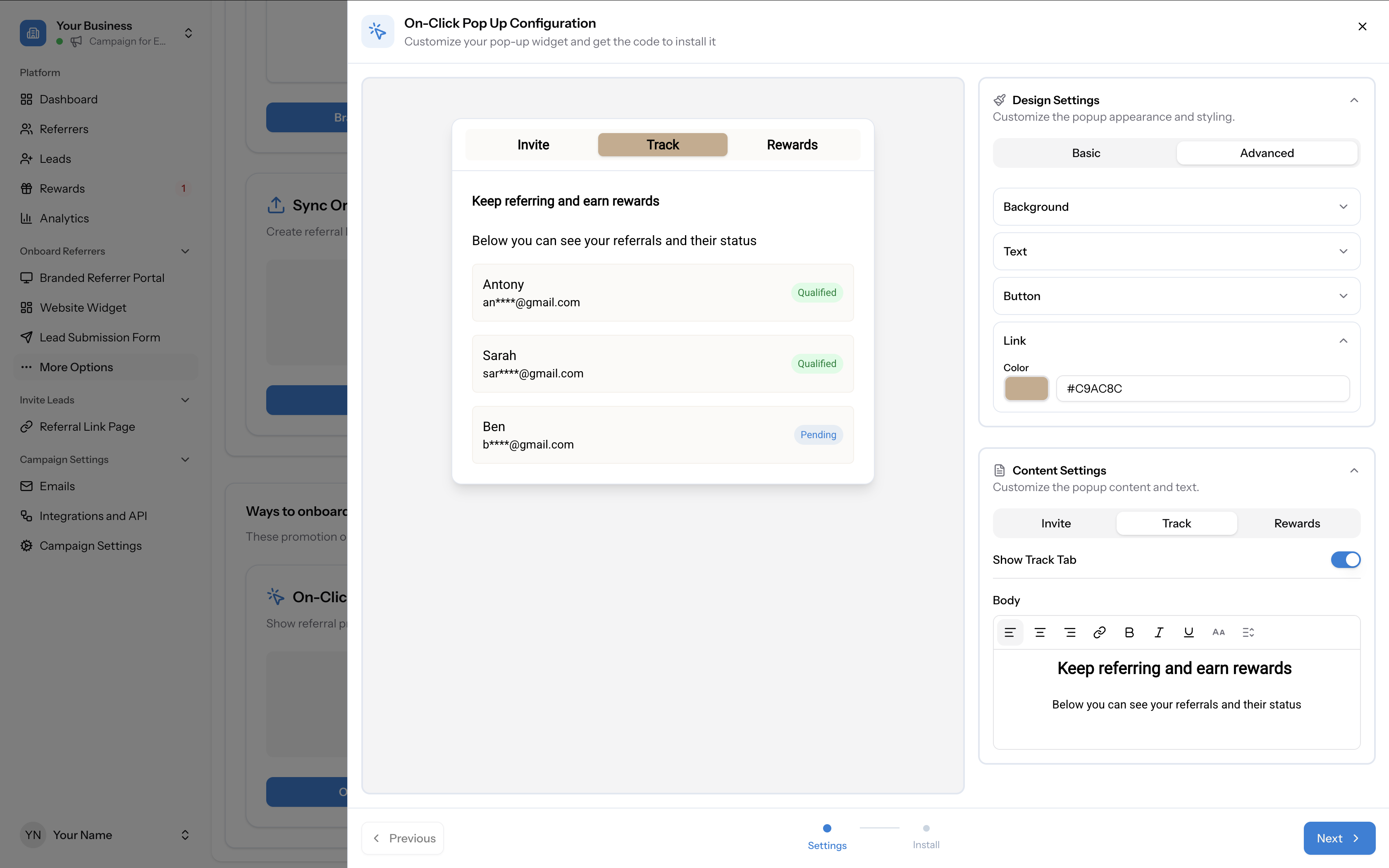 Rewards tab in the popup preview showing reward details with amounts, and the Content Settings panel with Show Rewards Tab toggle and Body editor