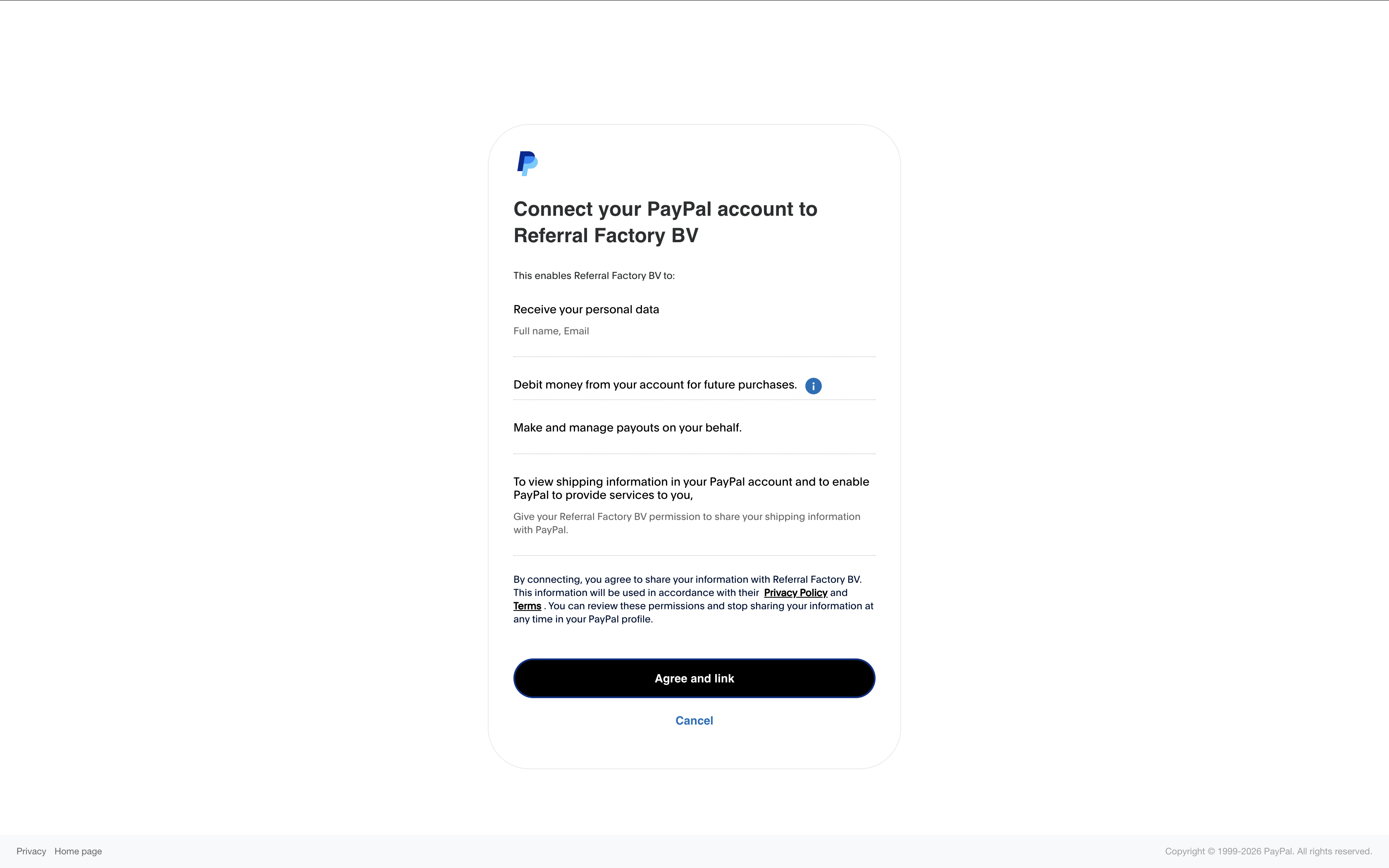 PayPal consent screen showing "Connect your PayPal account to Referral Factory BV" with permissions and Agree and link button