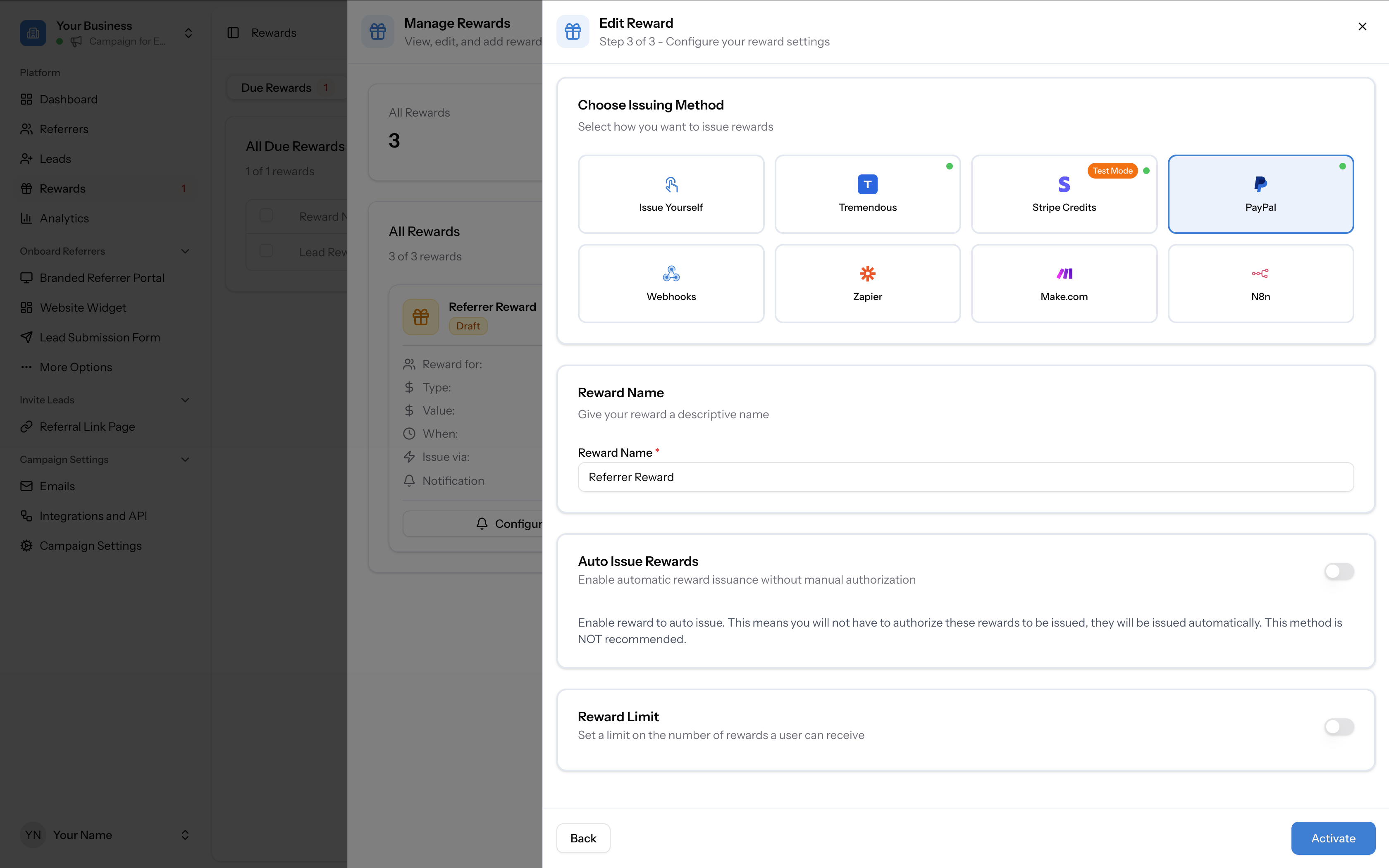 Step 3 of reward setup showing PayPal selected as the issuing method, with Auto Issue off