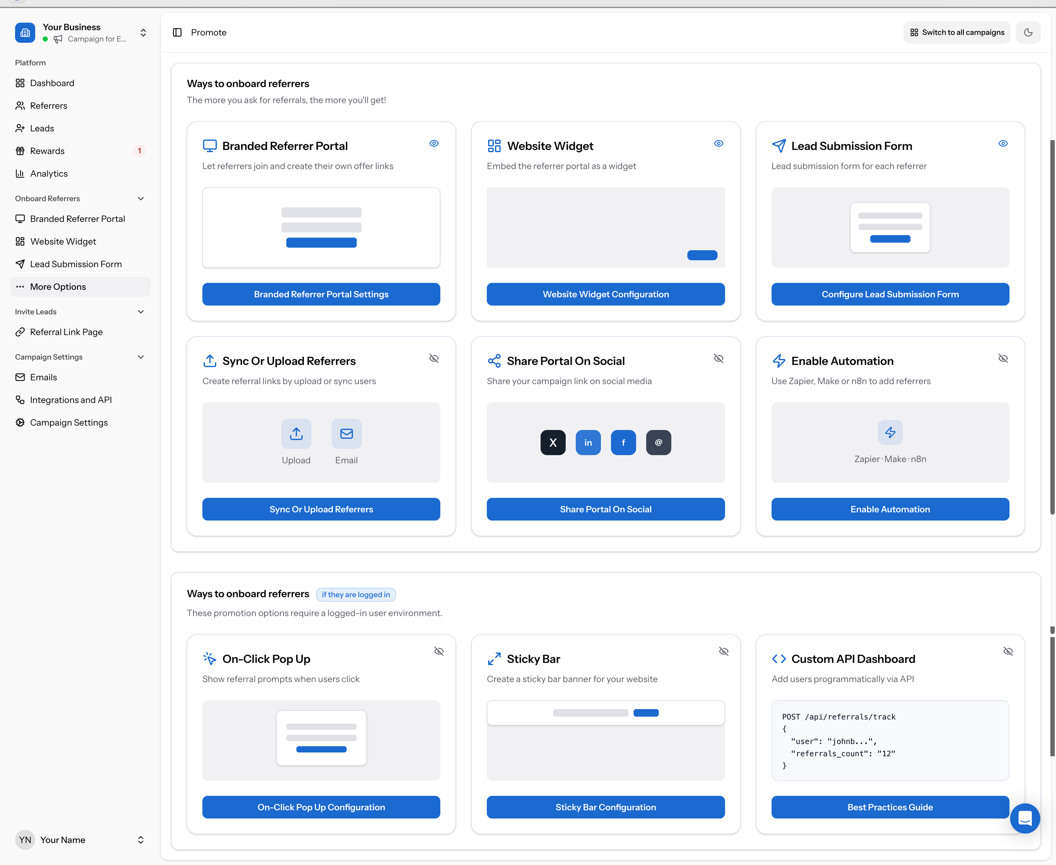 Promote page showing all 9 promotion method cards in two groups