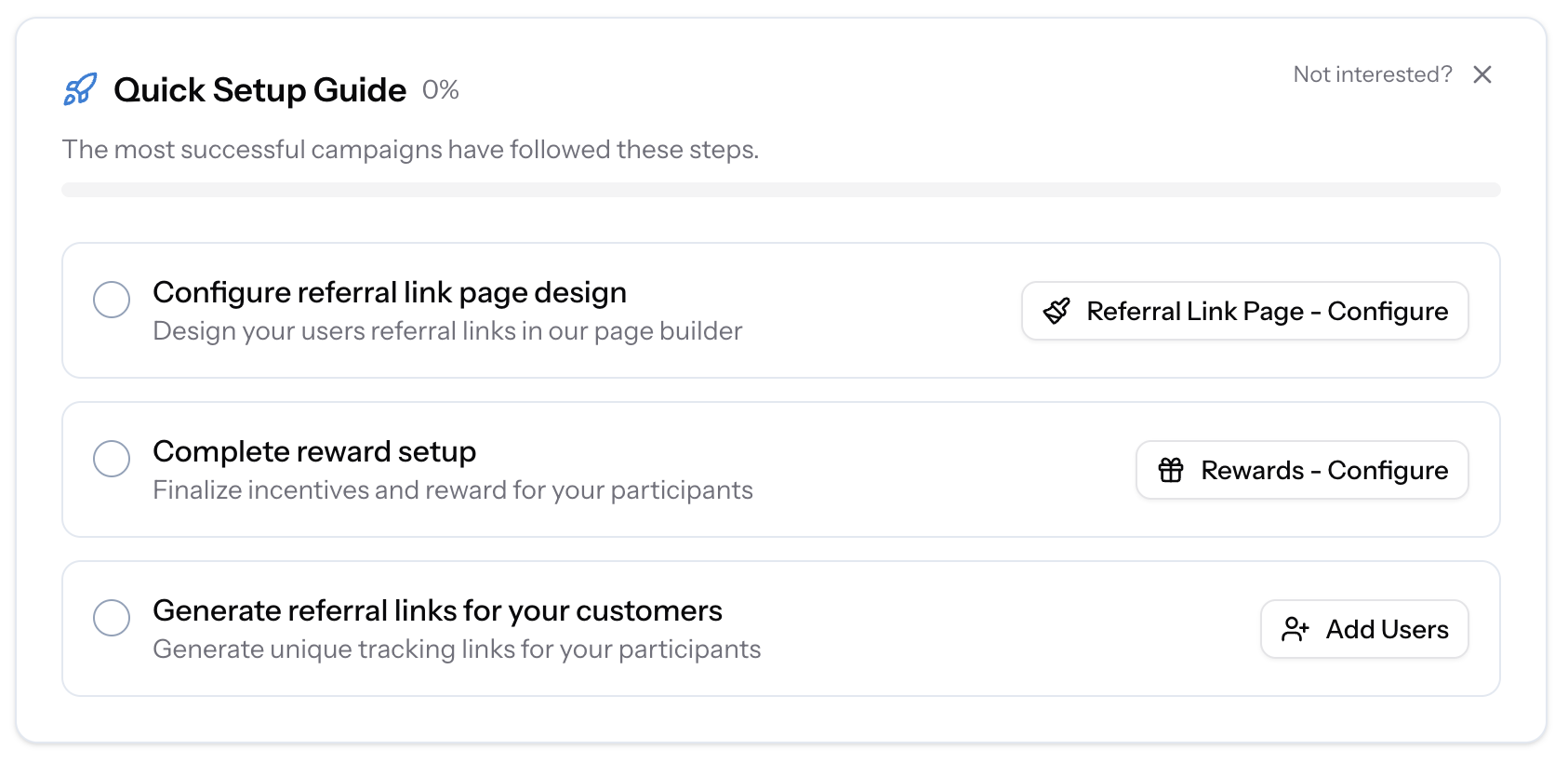 Quick Setup Guide on the dashboard showing the three steps with progress indicator and action buttons
