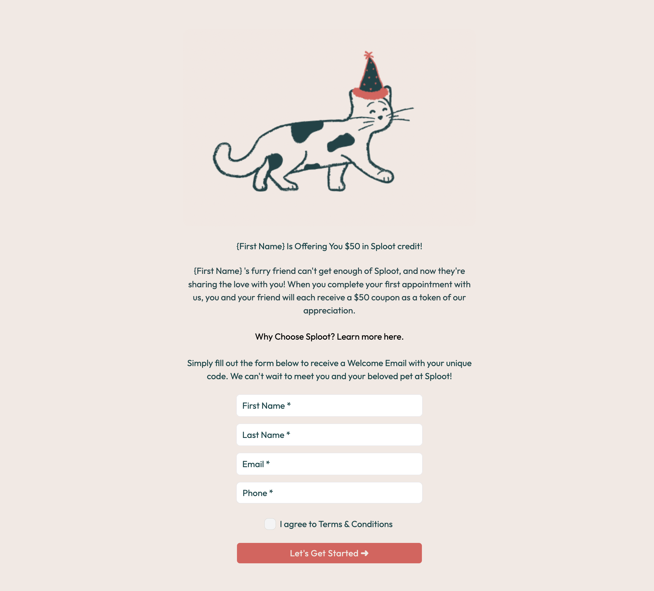 Example live Referral Link Page showing referrer name, logo, offer, form, and CTA button