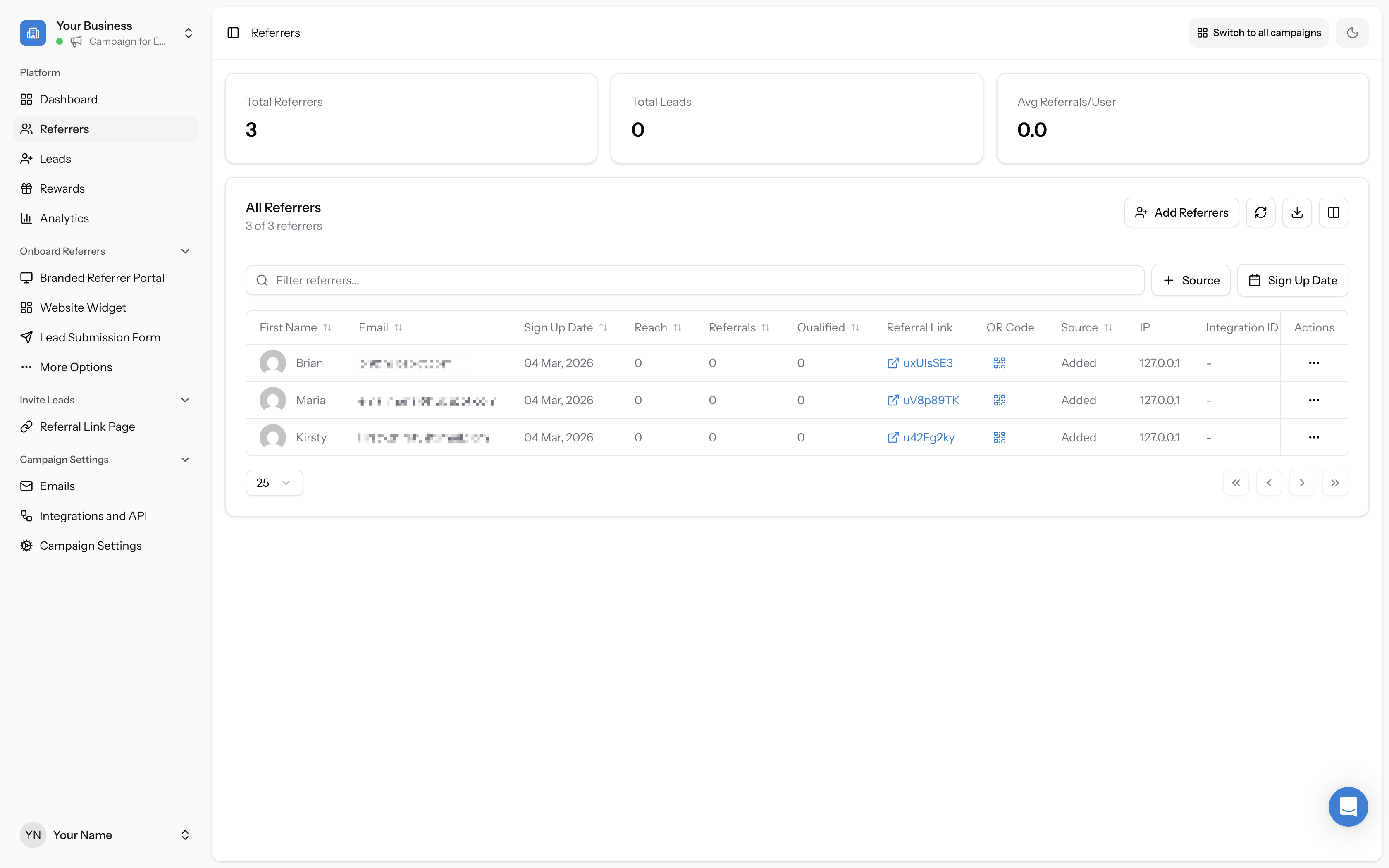 Referrers table with Referral Link column highlighted