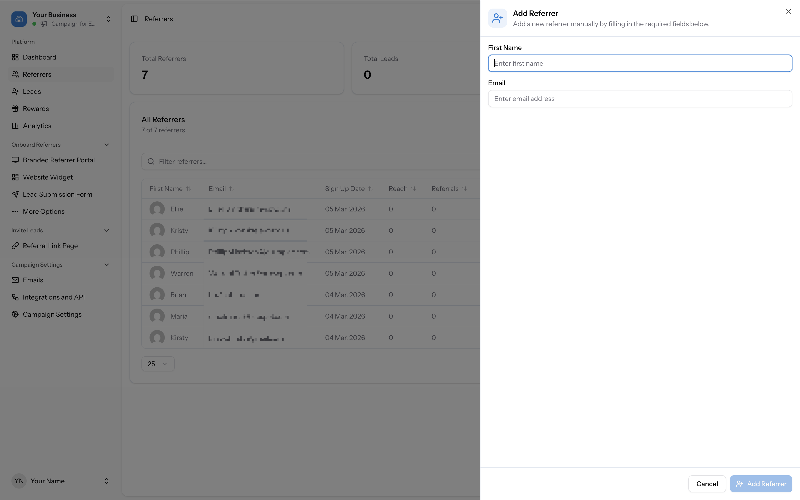 Add Referrers modal with Add Manually option highlighted