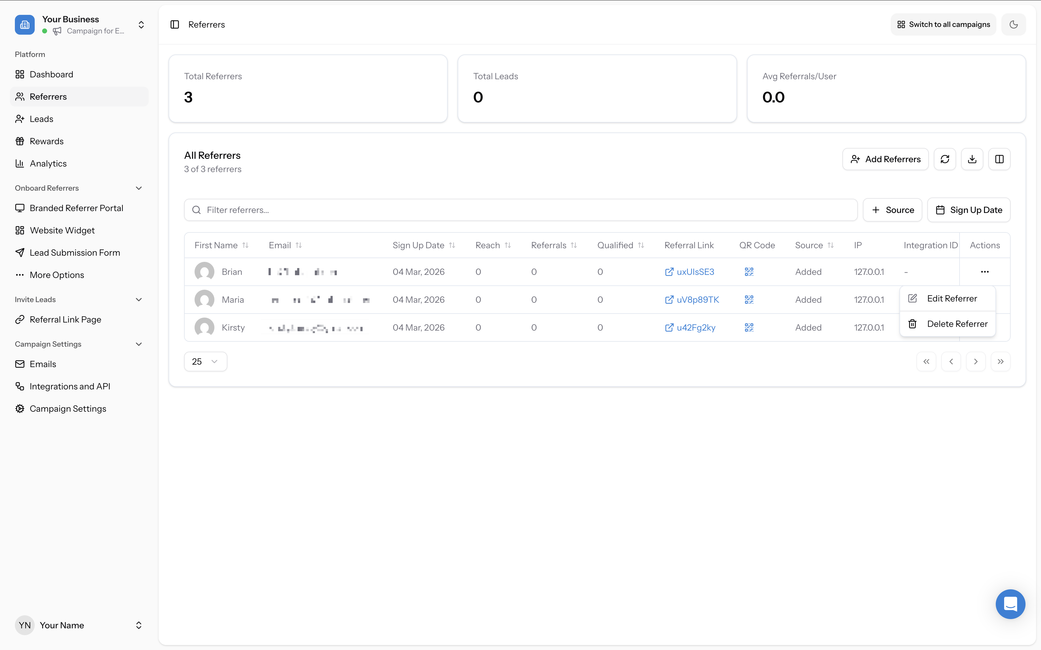 Actions menu on a referrer row showing Edit Referrer and Delete Referrer options