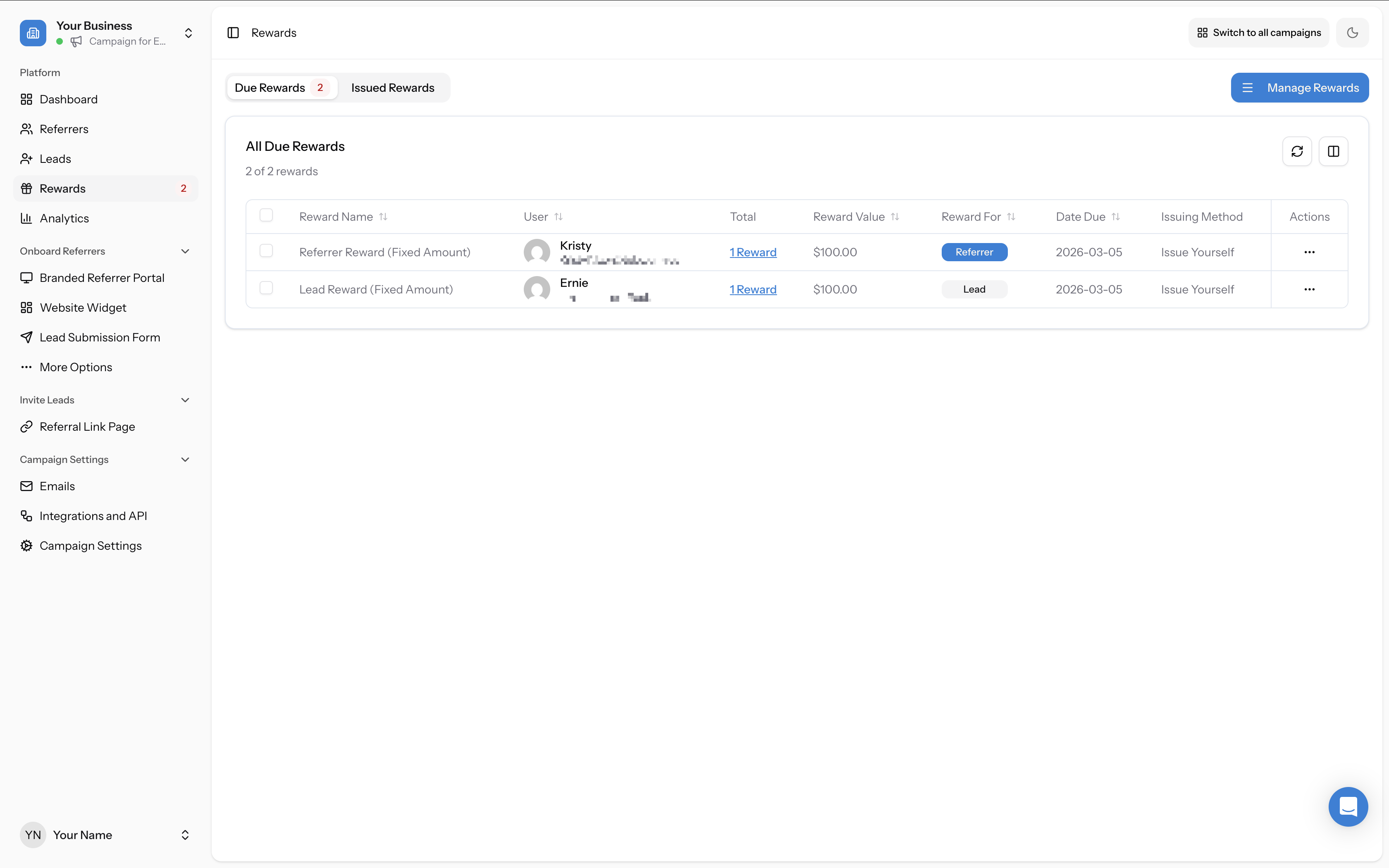 Due Rewards tab showing reward rows with Reward Name, User, Total, Reward Value, Reward For, Date Due, Issuing Method, and Actions columns