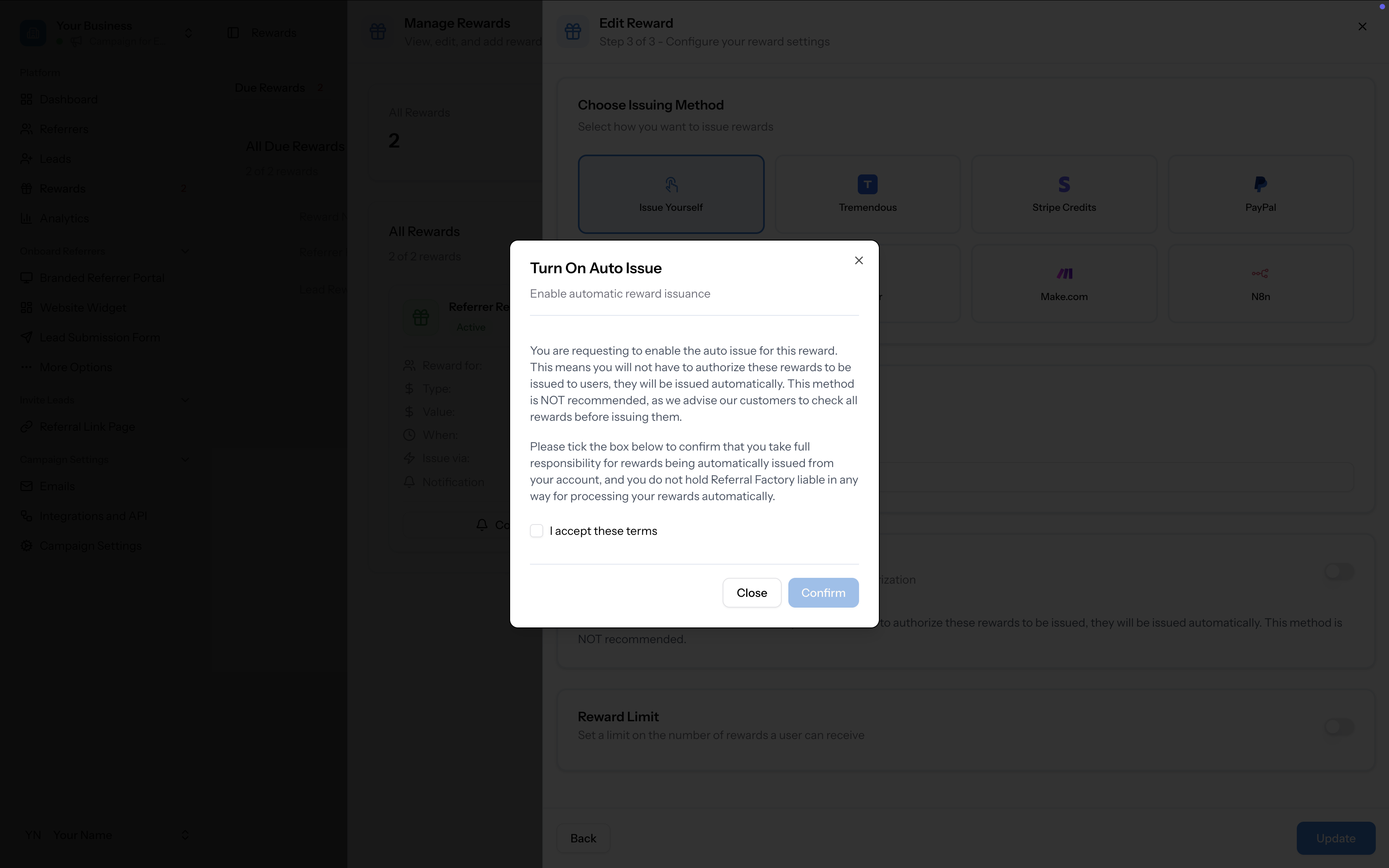 Step 3 showing the Auto Issue Rewards toggle and Reward Limit options