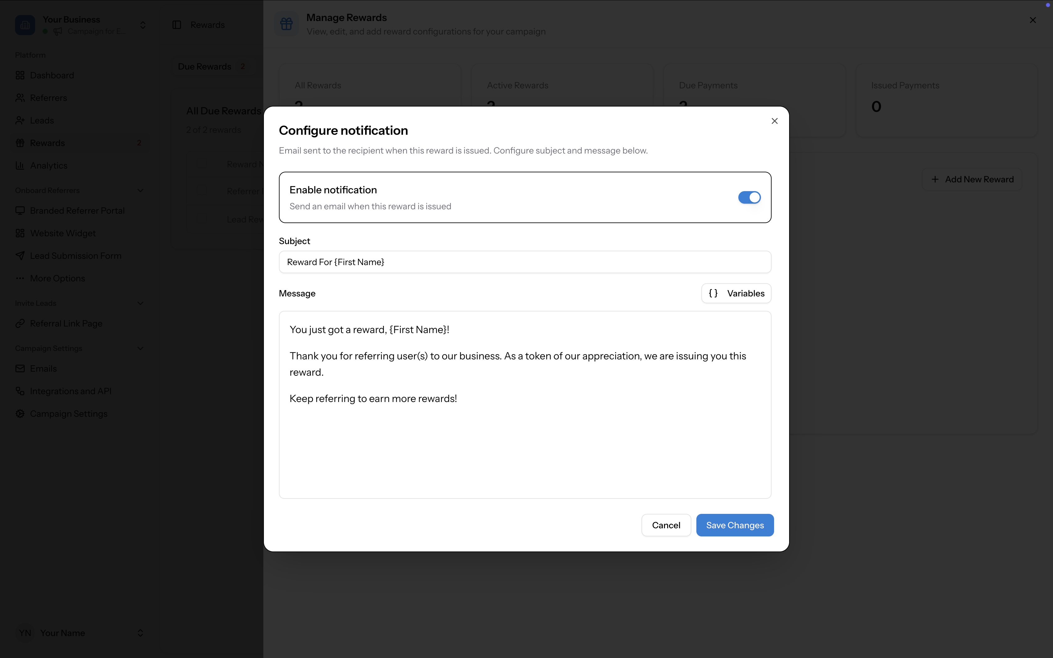 Configure notification modal with Enable notification toggle, Subject, Message, and Variables button