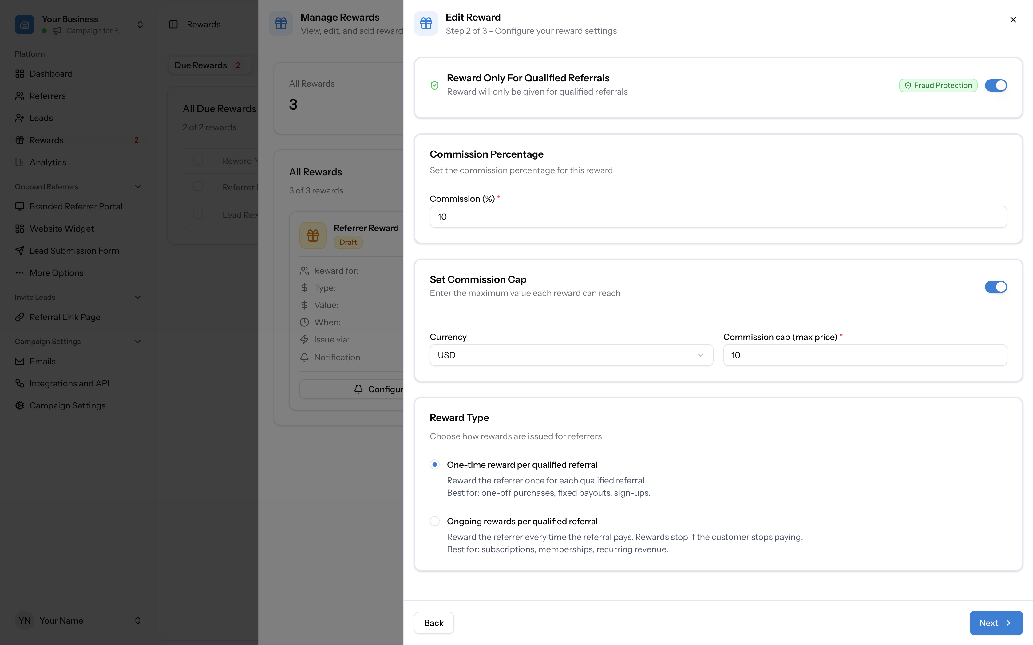 Step 2 for Commission Amount showing commission percentage, commission cap, and reward type options