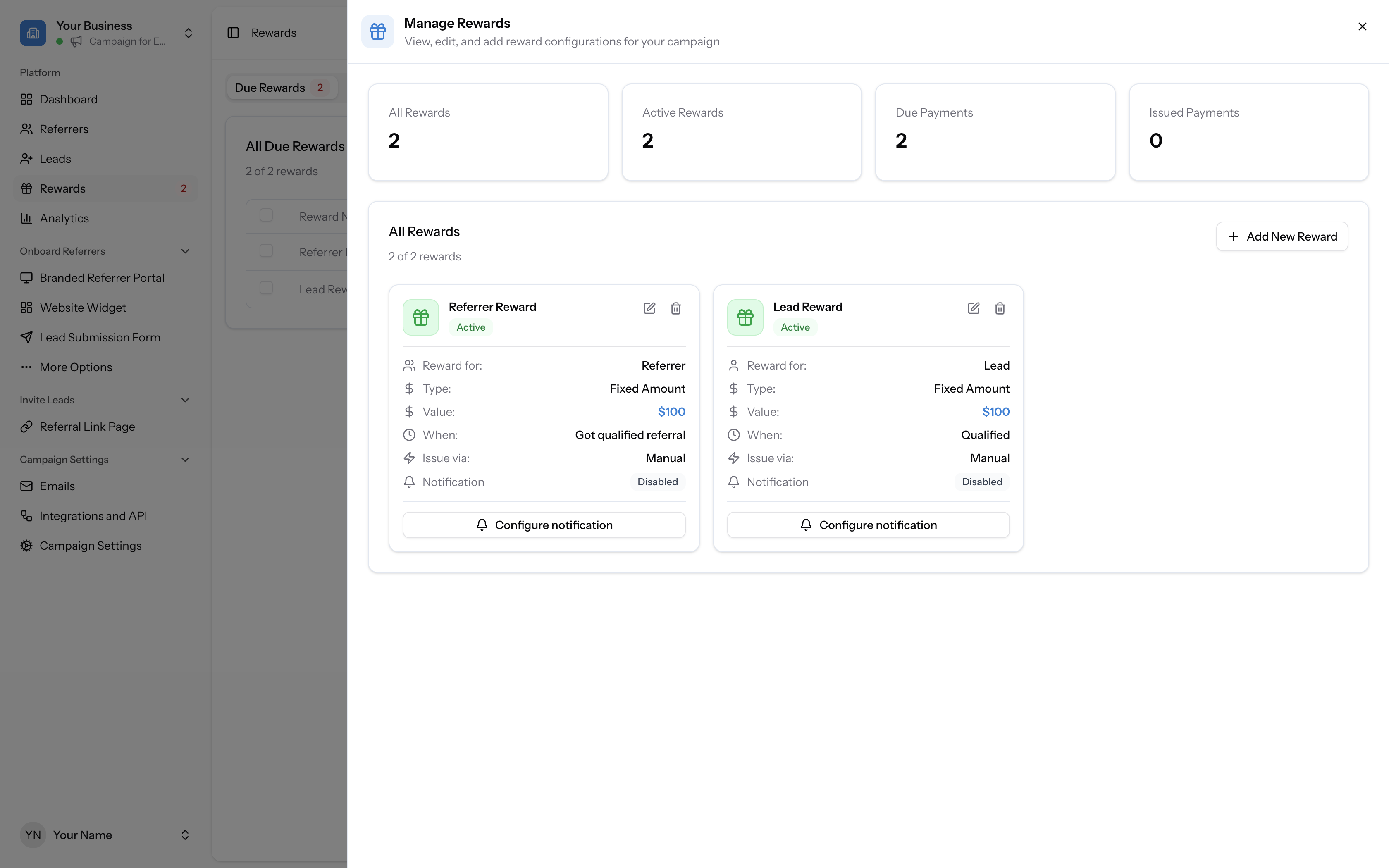 The Manage Rewards panel showing reward configurations with options to edit or delete