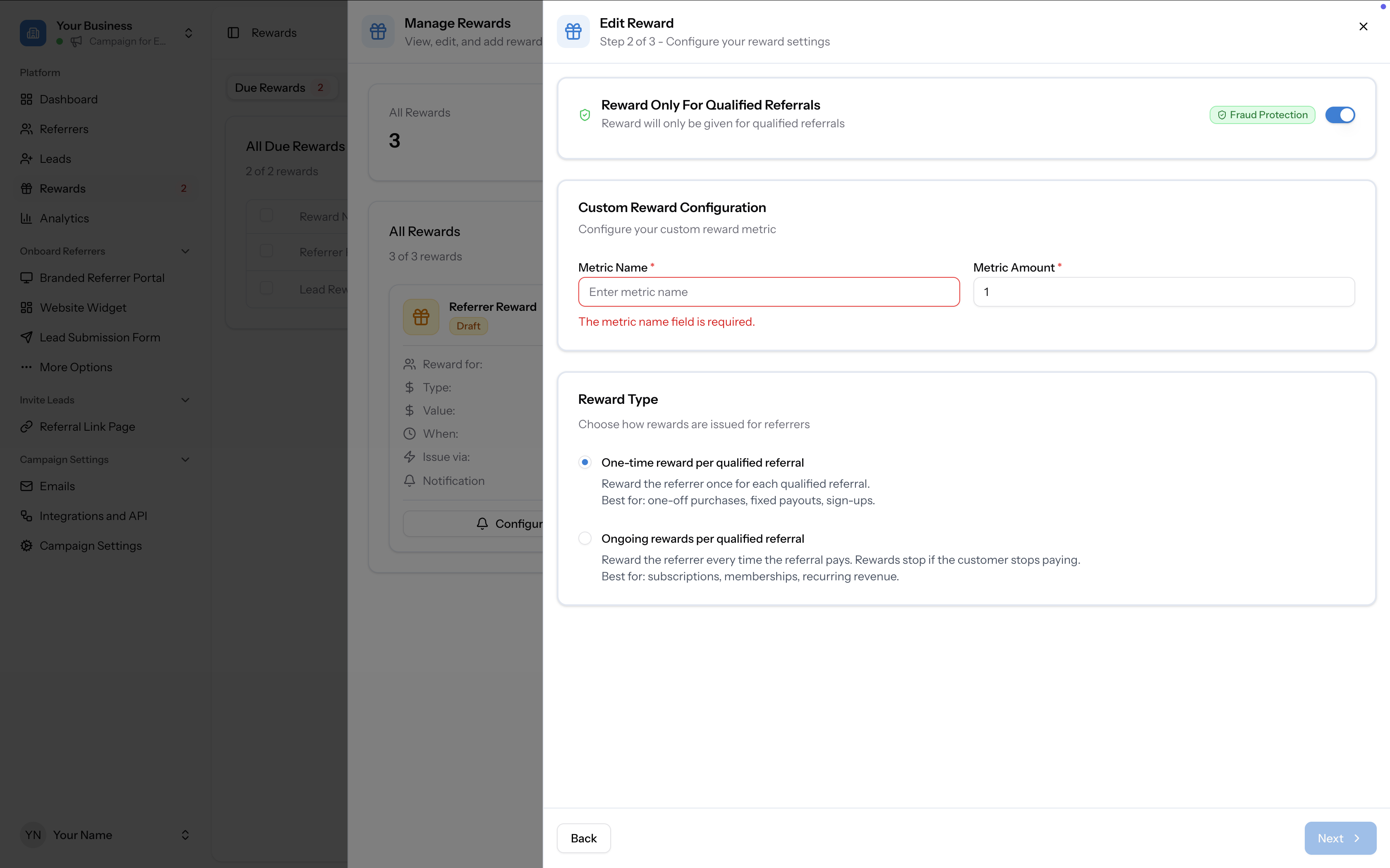 Step 2 for Custom Reward showing Metric Name and Metric Amount fields