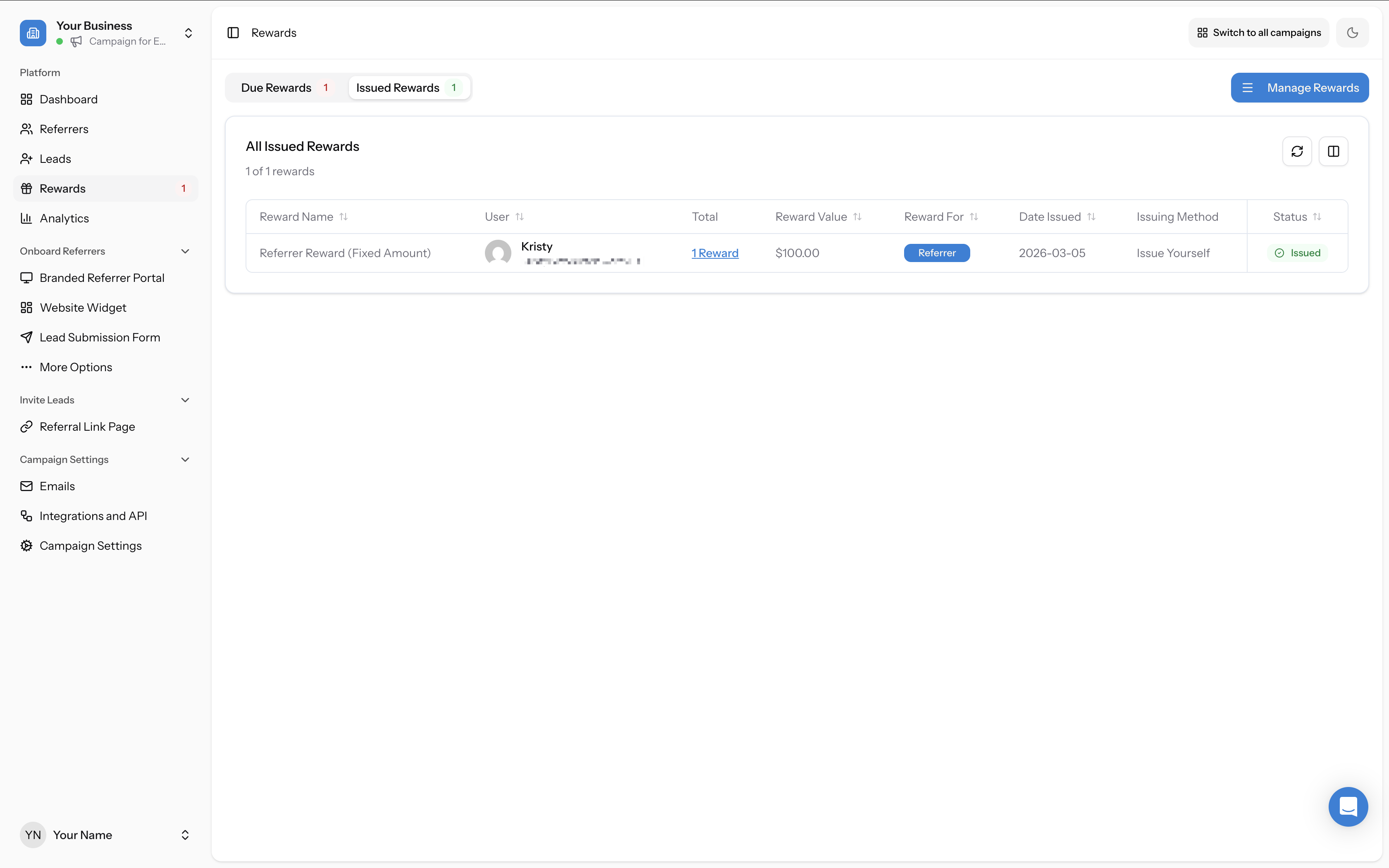 Issued Rewards tab showing a completed reward with Issued status