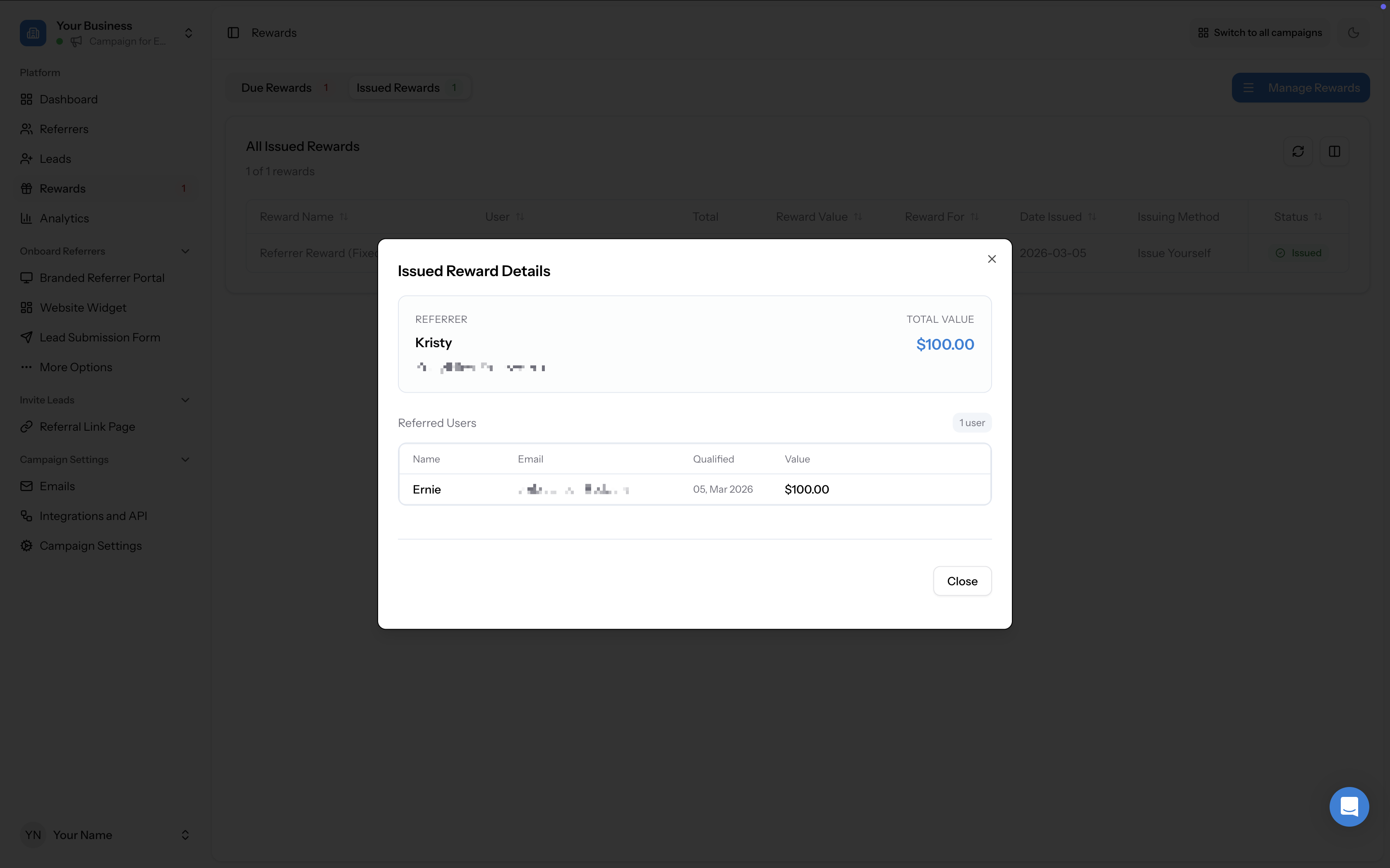 Issued Reward Details modal showing referrer (Kristy), total value ($100.00), and referred users list