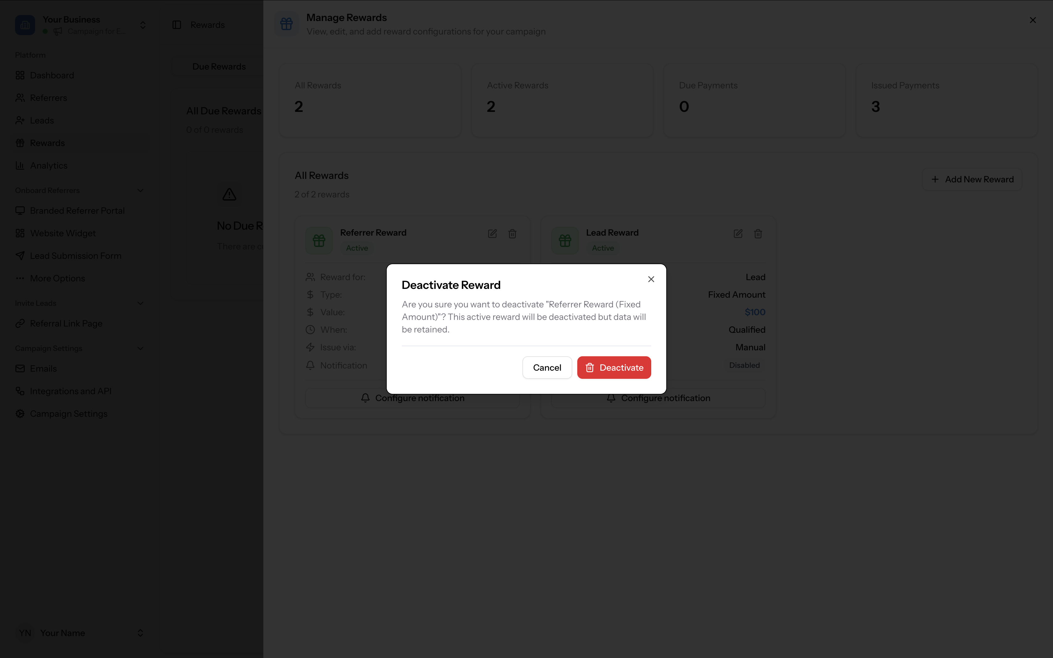 Deactivate Reward confirmation dialog