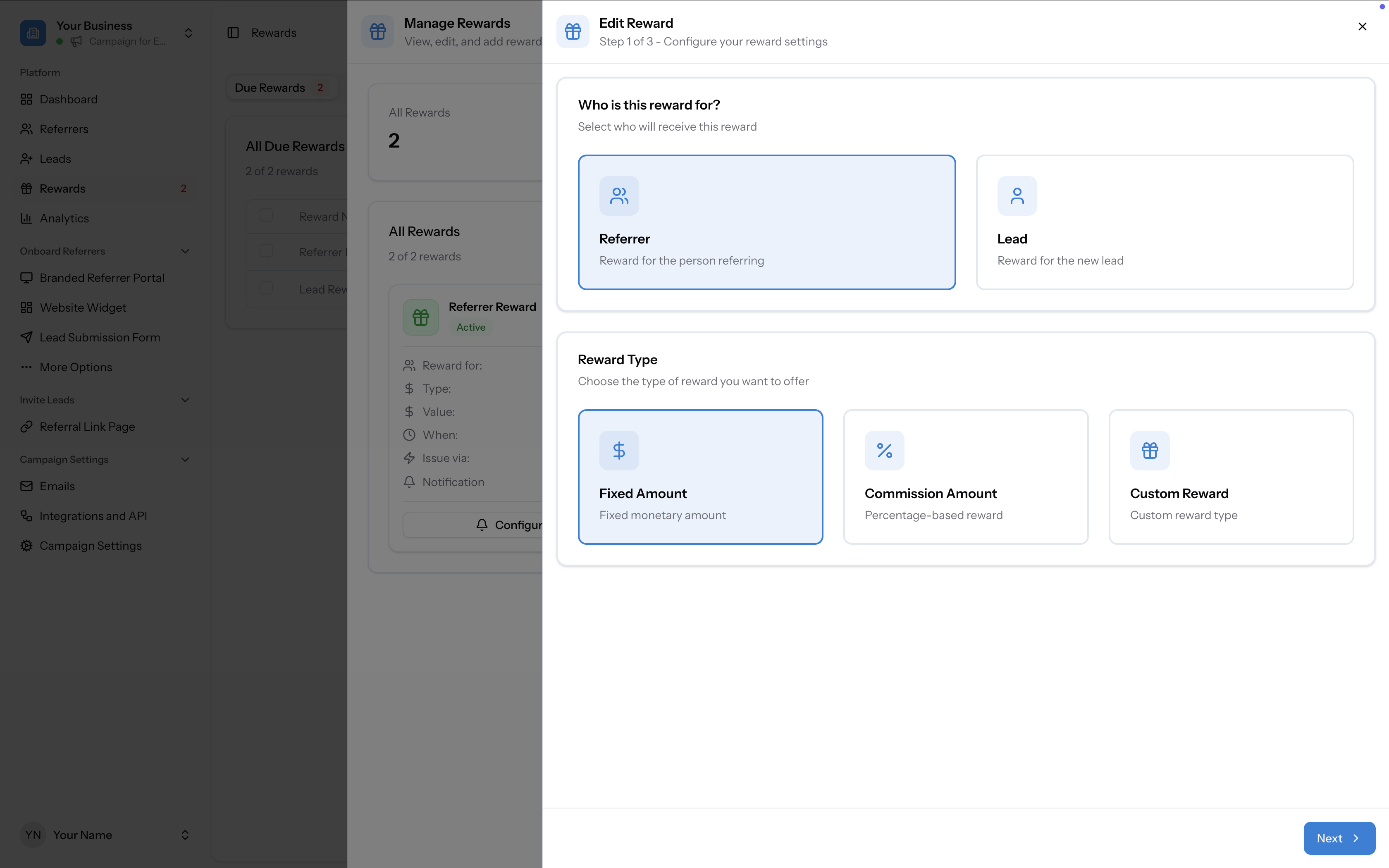 Step 1 of reward setup showing Referrer/Lead selection and Fixed Amount, Commission Amount, Custom Reward type options
