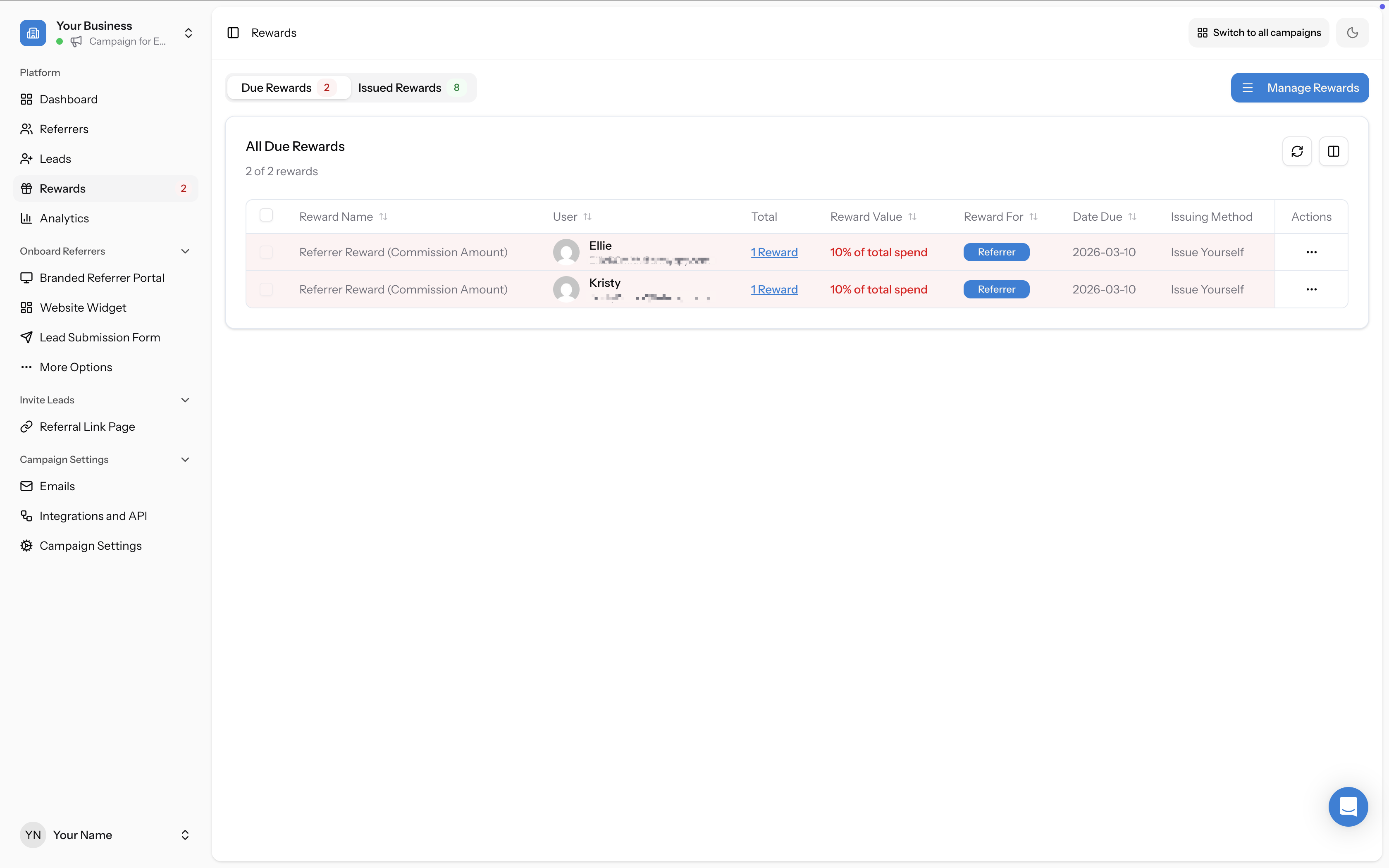 Due rewards tab showing rewards due with red warning notice because total spend needs to be entered in order to calculate commission