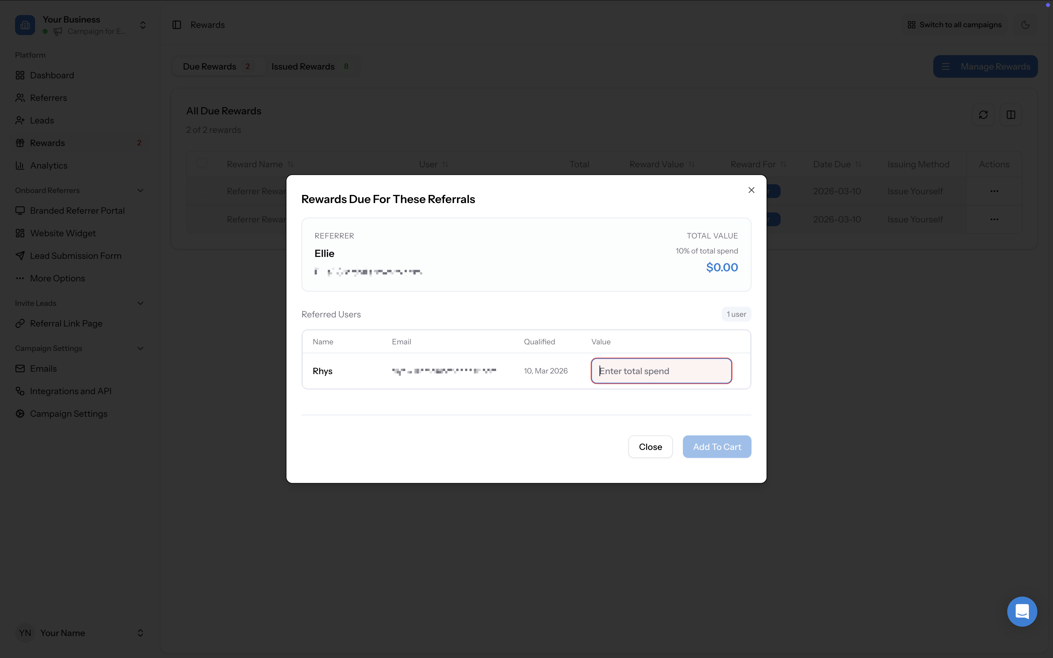 Rewards modal showing where to enter total spend in order to calculate commission