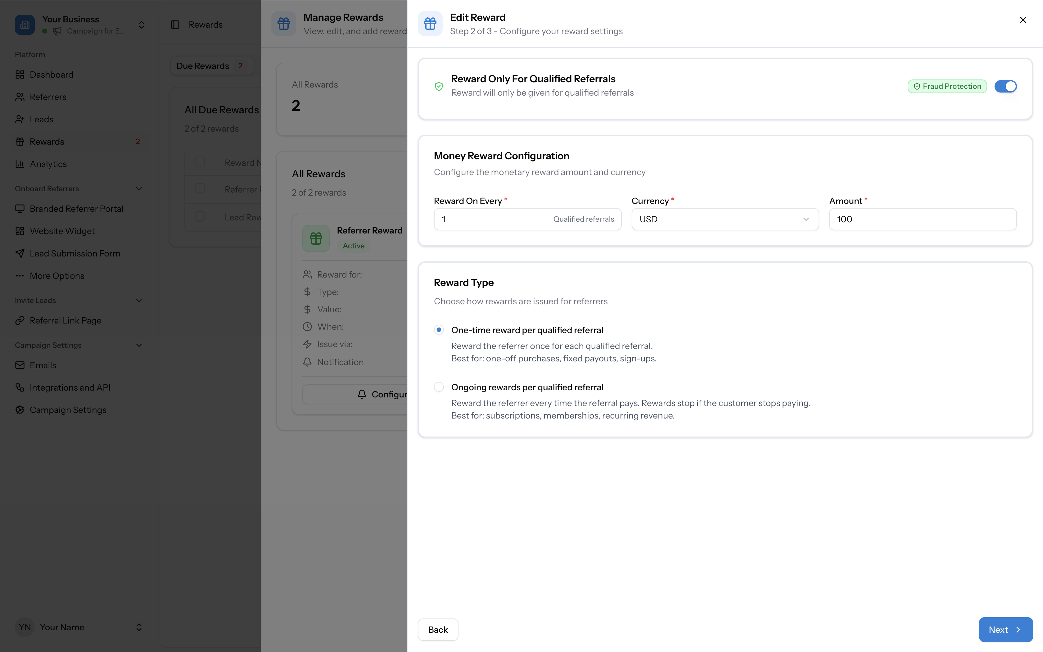 Step 2 for Fixed Amount showing Fraud Protection ON, Reward On Every, Currency, Amount fields, and One-time vs Ongoing options
