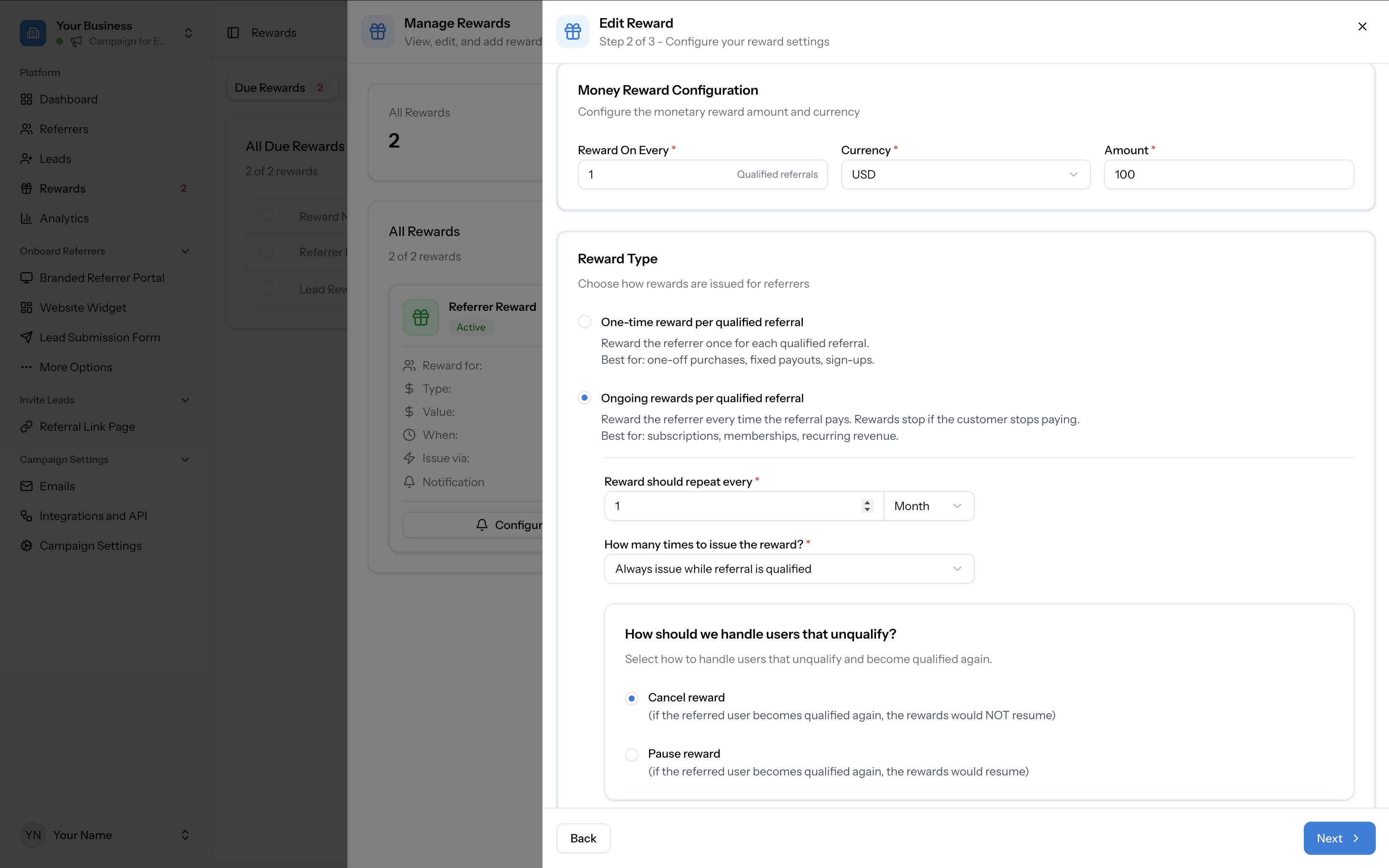 Ongoing reward settings showing repeat frequency, number of times, and unqualify handling options