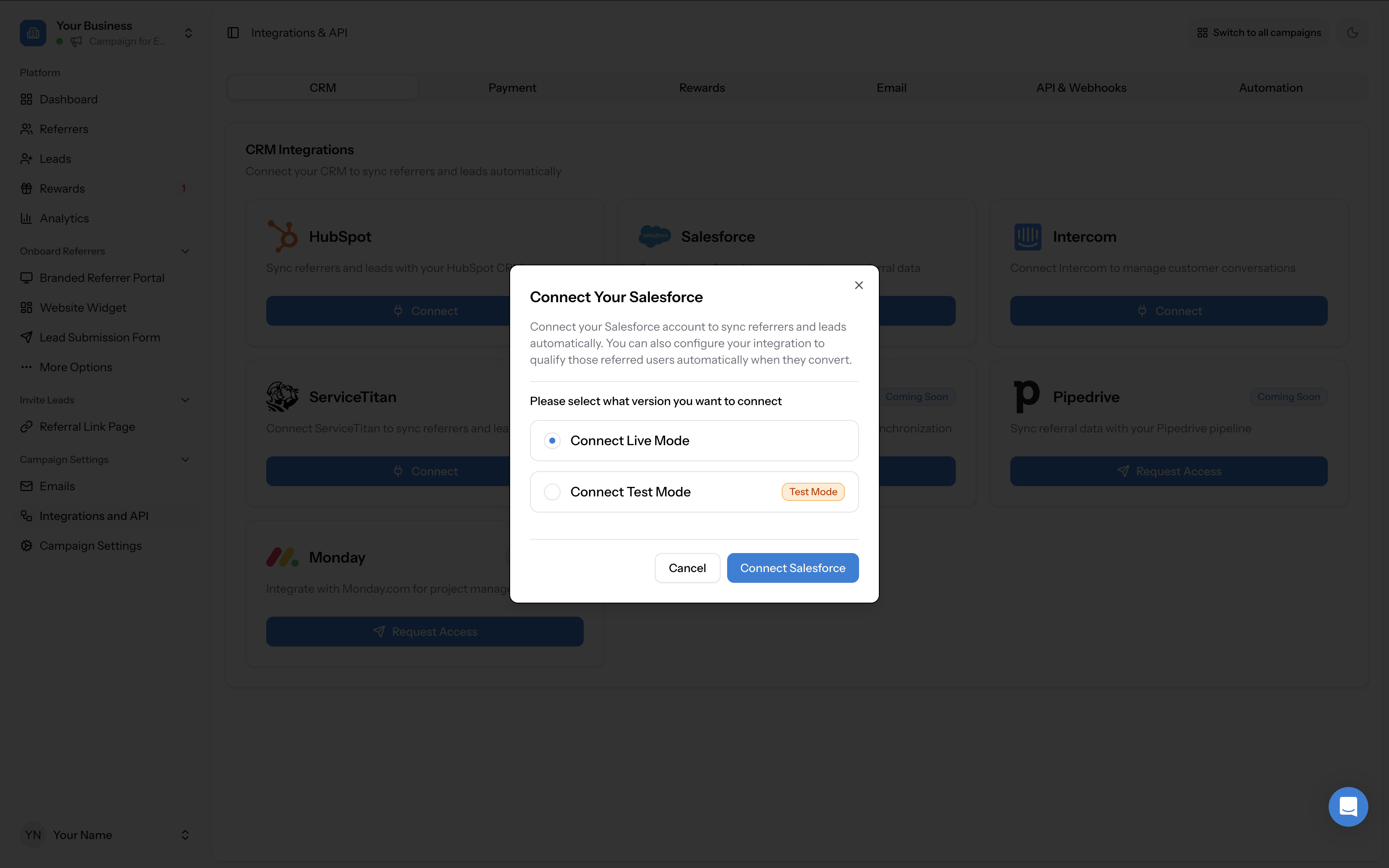 Connect Salesforce modal showing Live Mode and Test Mode options