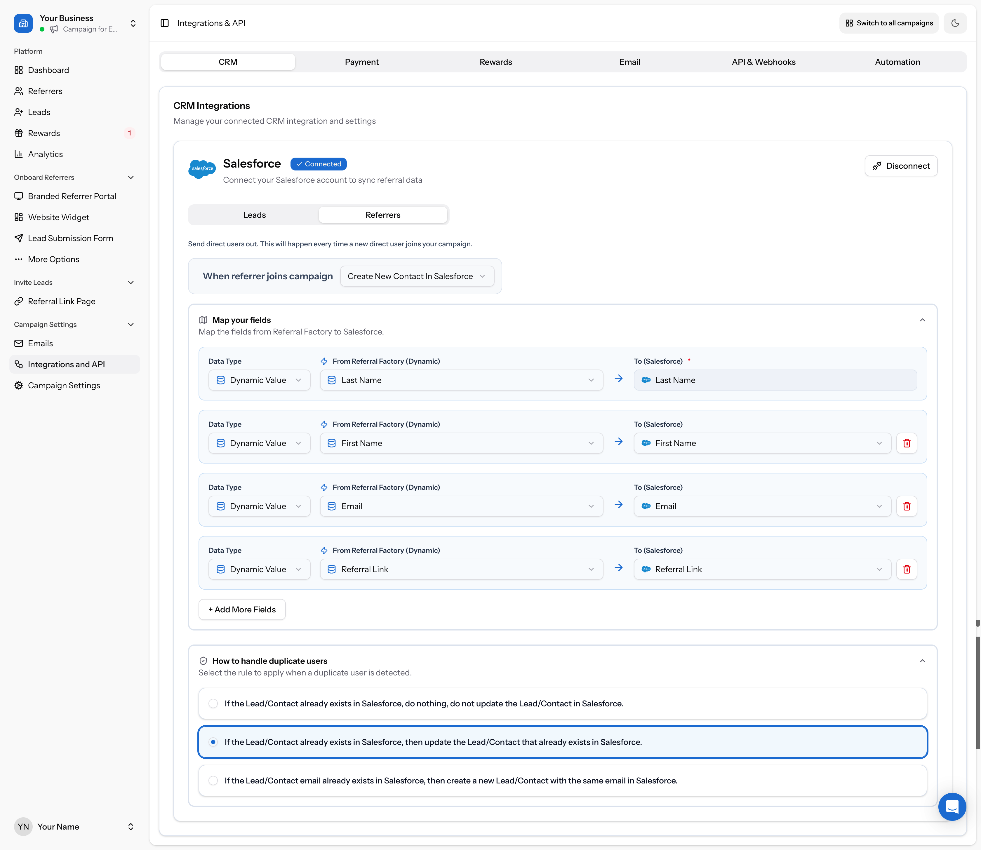 Referrers tab with Create New Contact selected, showing field mappings and the update existing option for duplicates