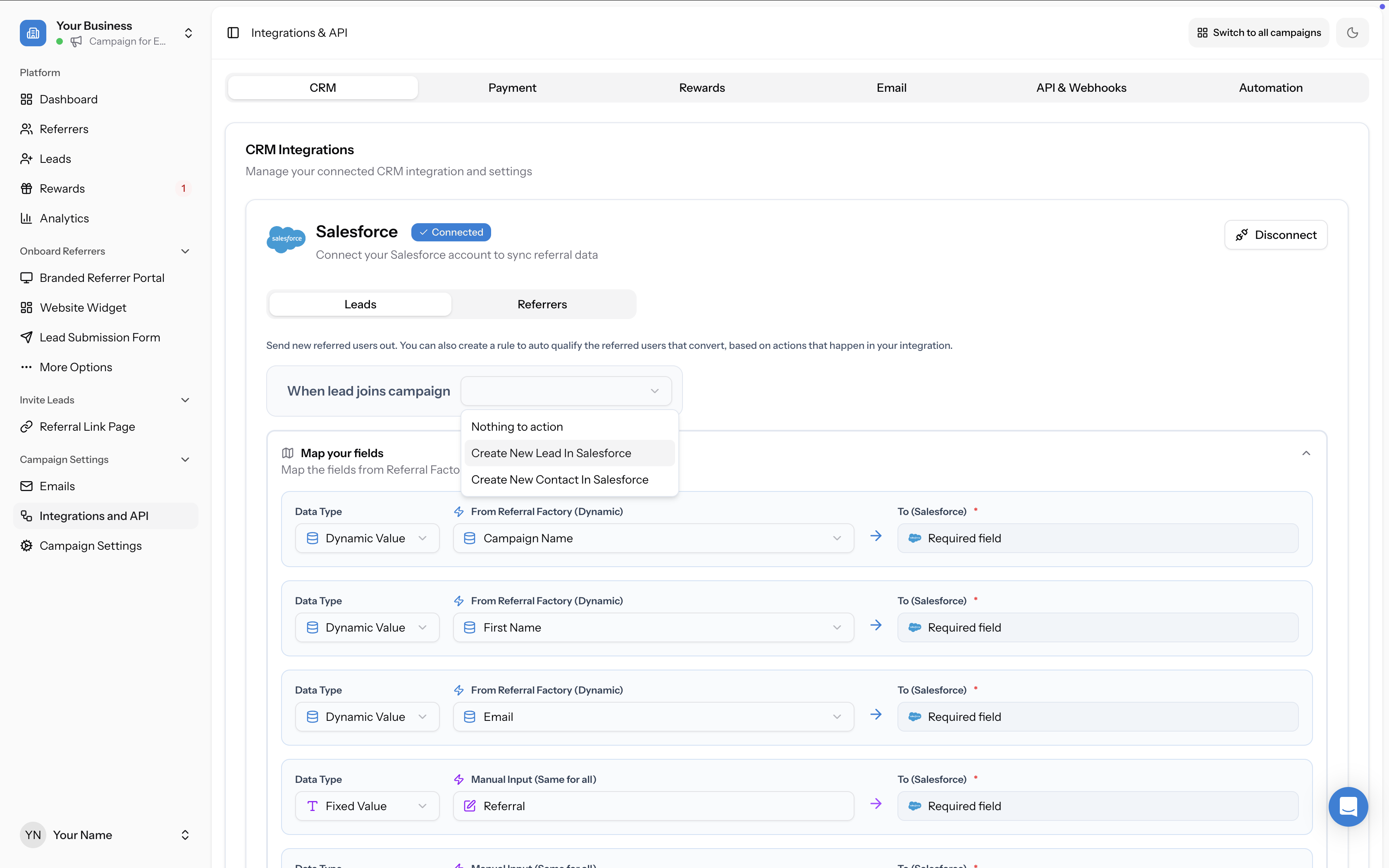 Leads tab showing the action dropdown with Nothing to action, Create New Lead, and Create New Contact options