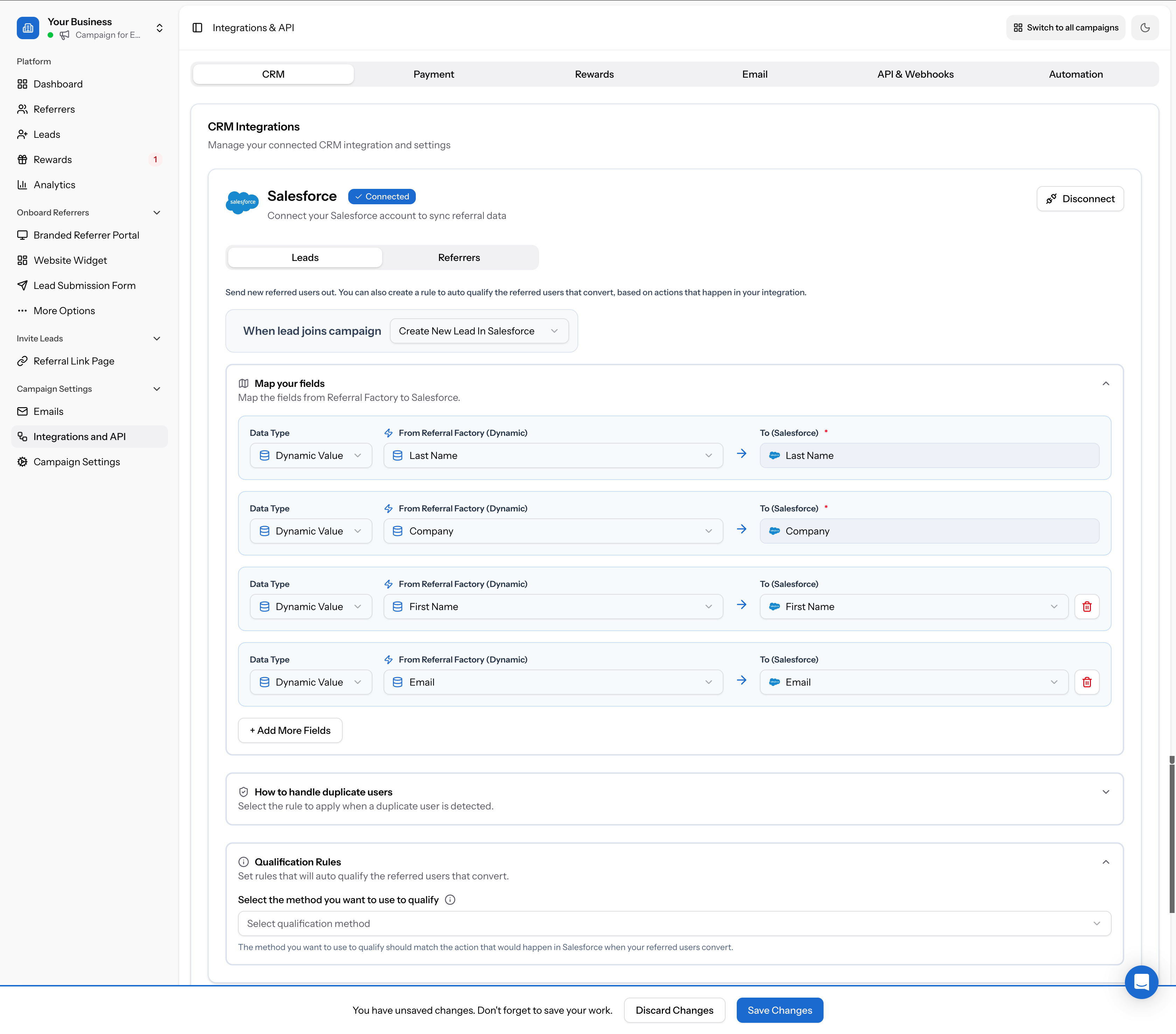 Completed field mapping for Leads showing Last Name, Company, First Name, and Email mapped to their Salesforce counterparts