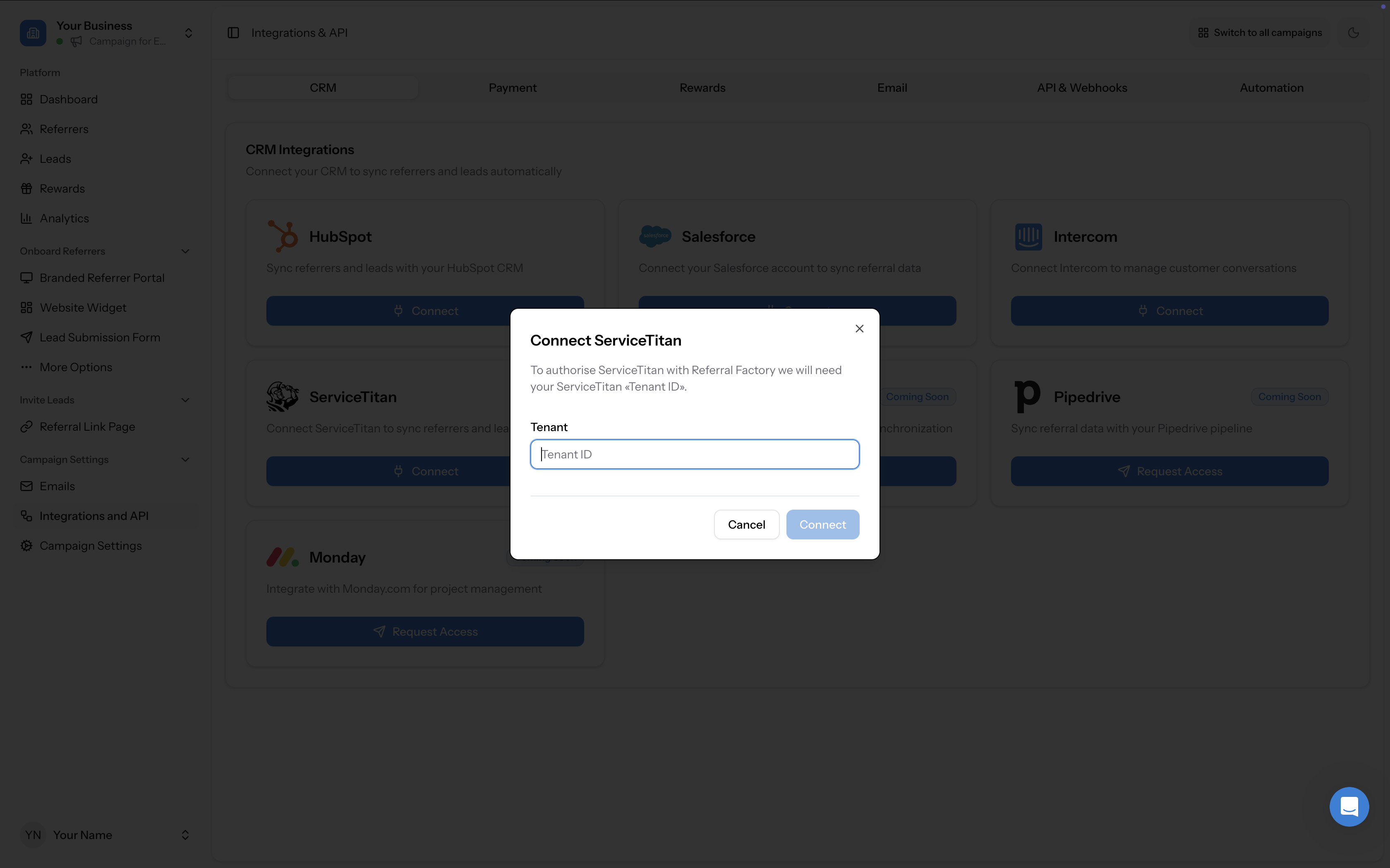 "Connect ServiceTitan" modal with Tenant ID field and Connect button
