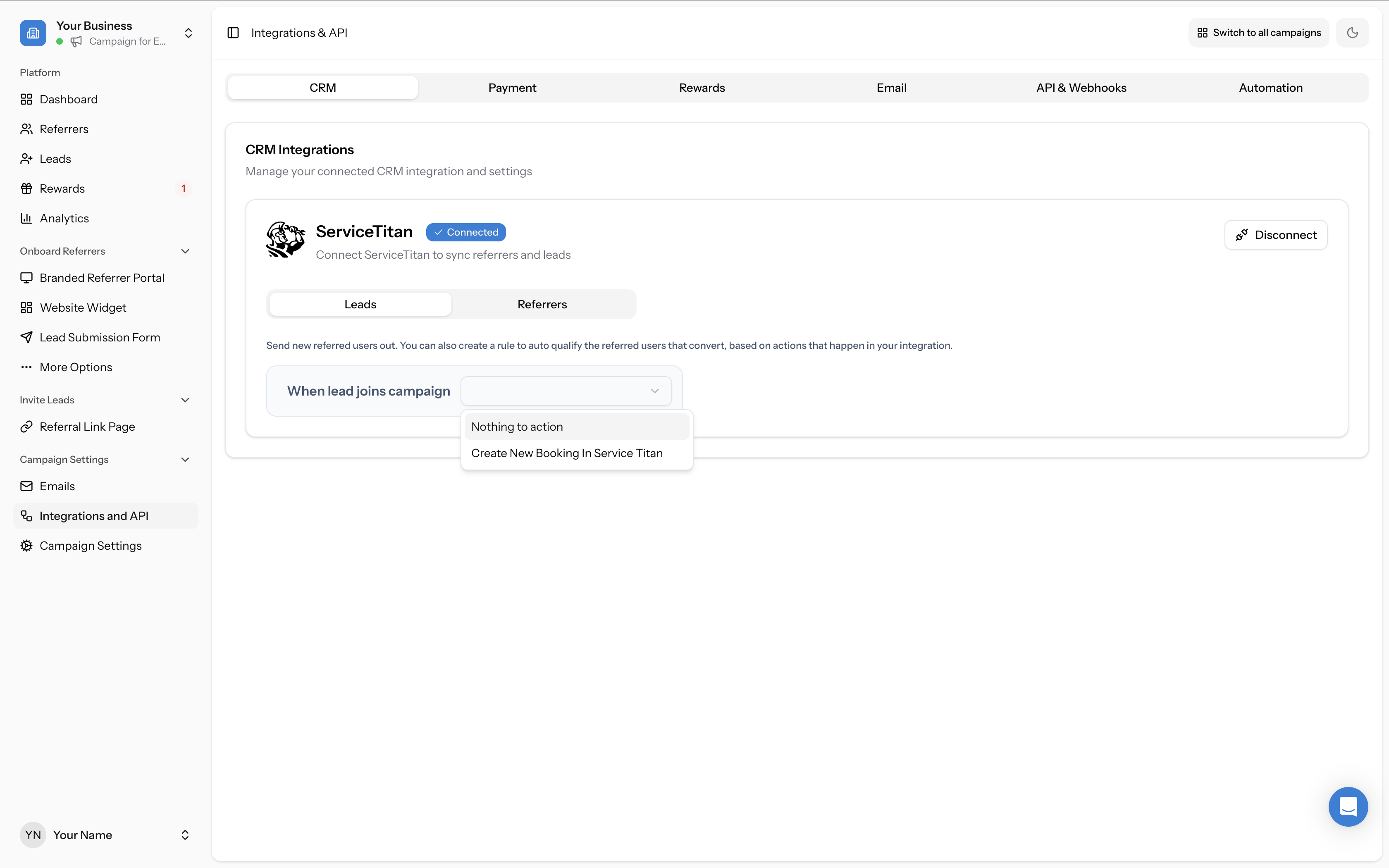 Leads tab dropdown open showing "Nothing to action" and "Create New Booking In Service Titan" options