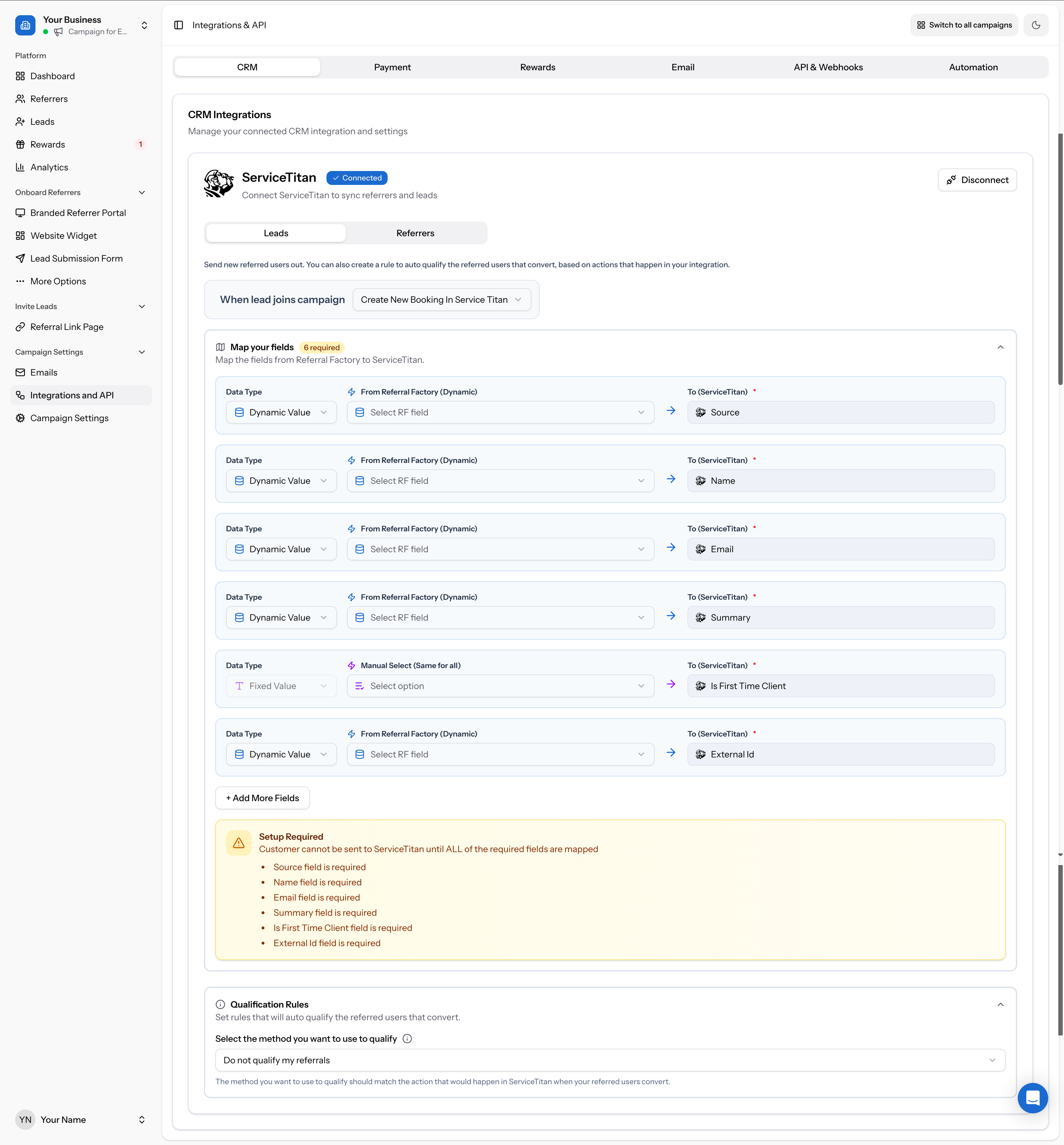 Map your fields section showing empty field rows with Data Type, From Referral Factory, and To ServiceTitan columns with Setup Required validation messages