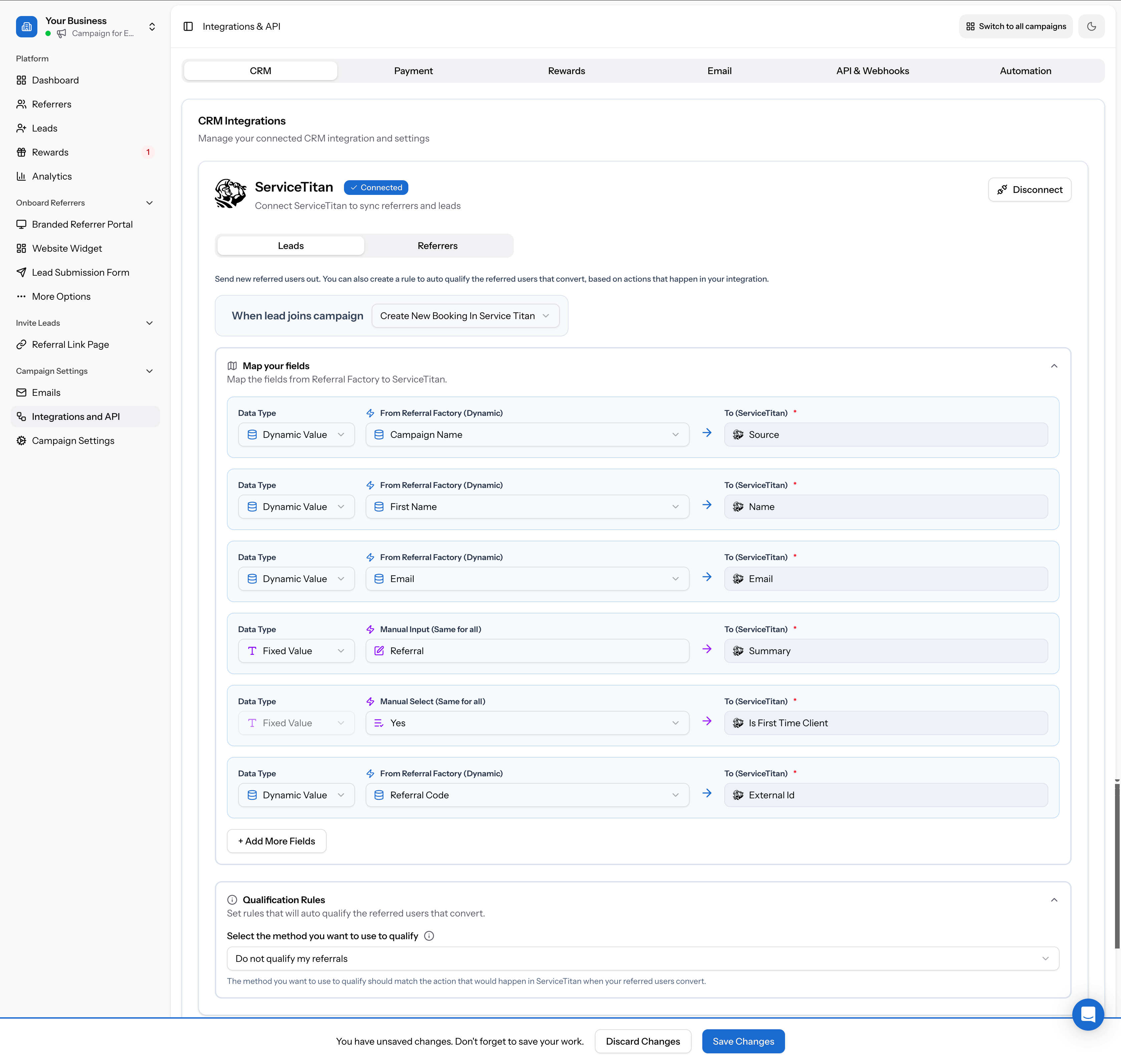 Completed field mapping showing Campaign Name to Source, First Name to Name, Email to Email, Manual Input Referral to Summary, Manual Select Yes to Is First Time Client, and Referral Code to External Id