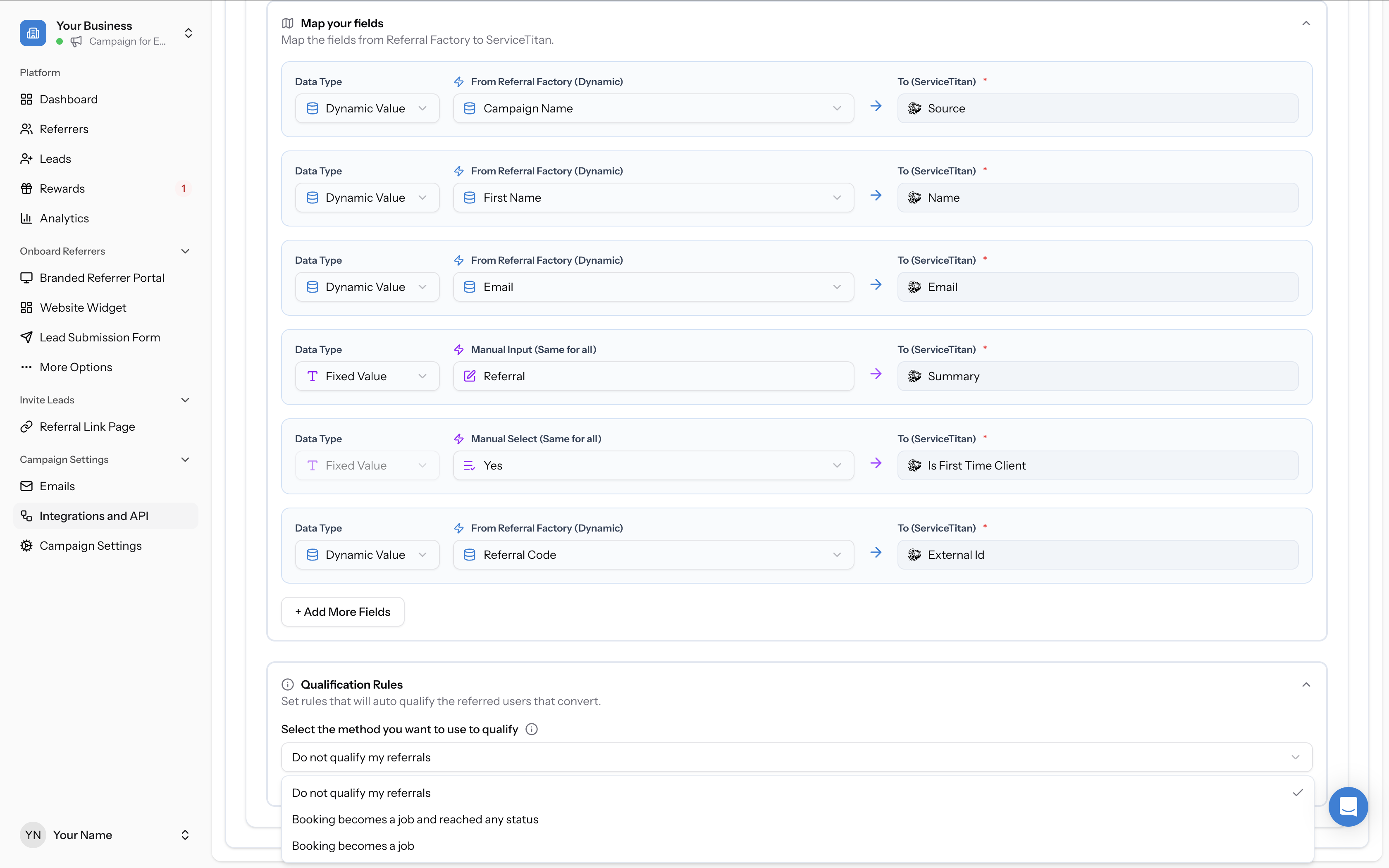 Qualification Rules with "Booking becomes a job and reached any status" selected, showing Job status as the property and a dropdown with status options: Scheduled, InProgress, Hold, Canceled, Completed