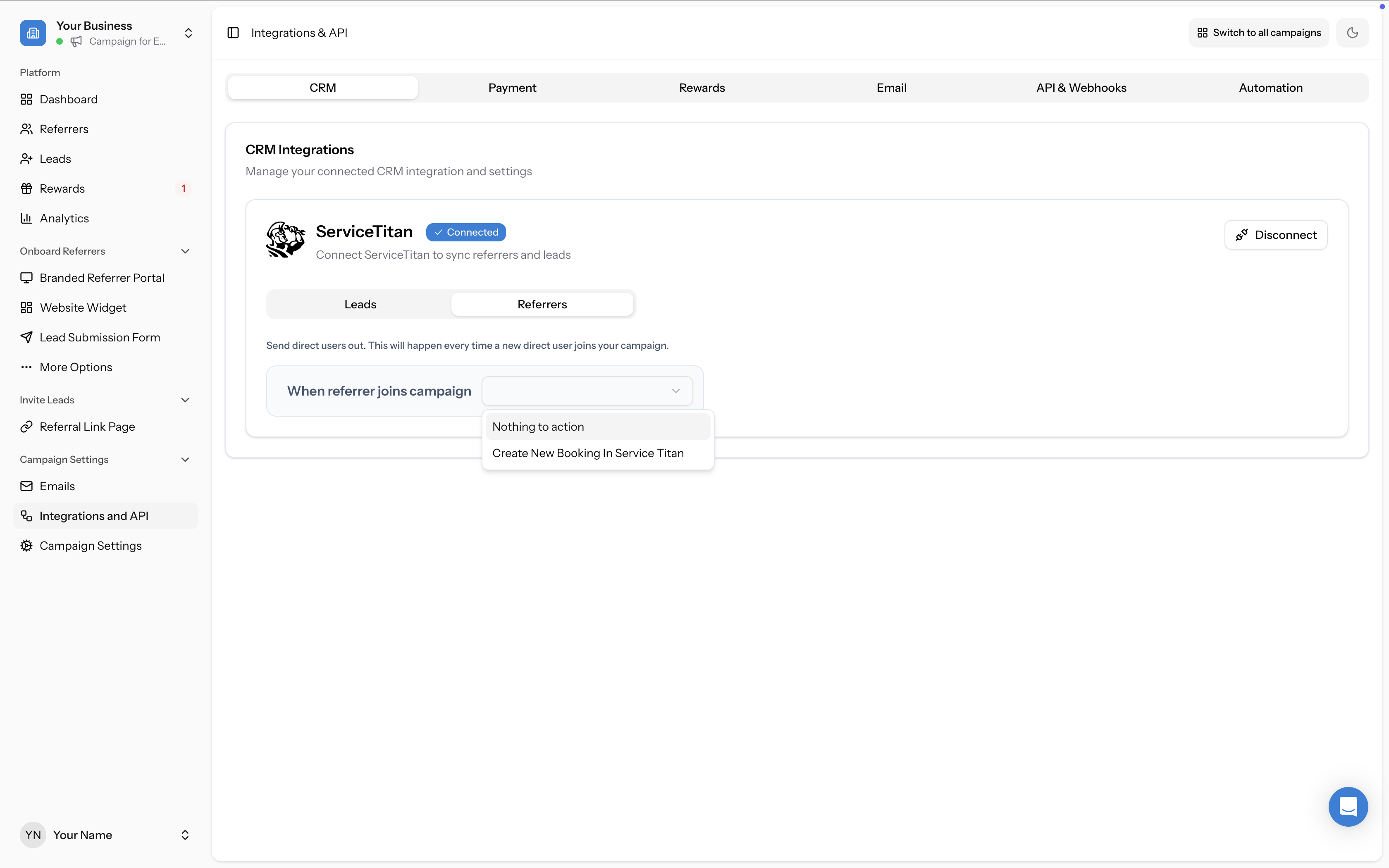 Referrers tab dropdown open showing "Nothing to action" and "Create New Booking In Service Titan" options