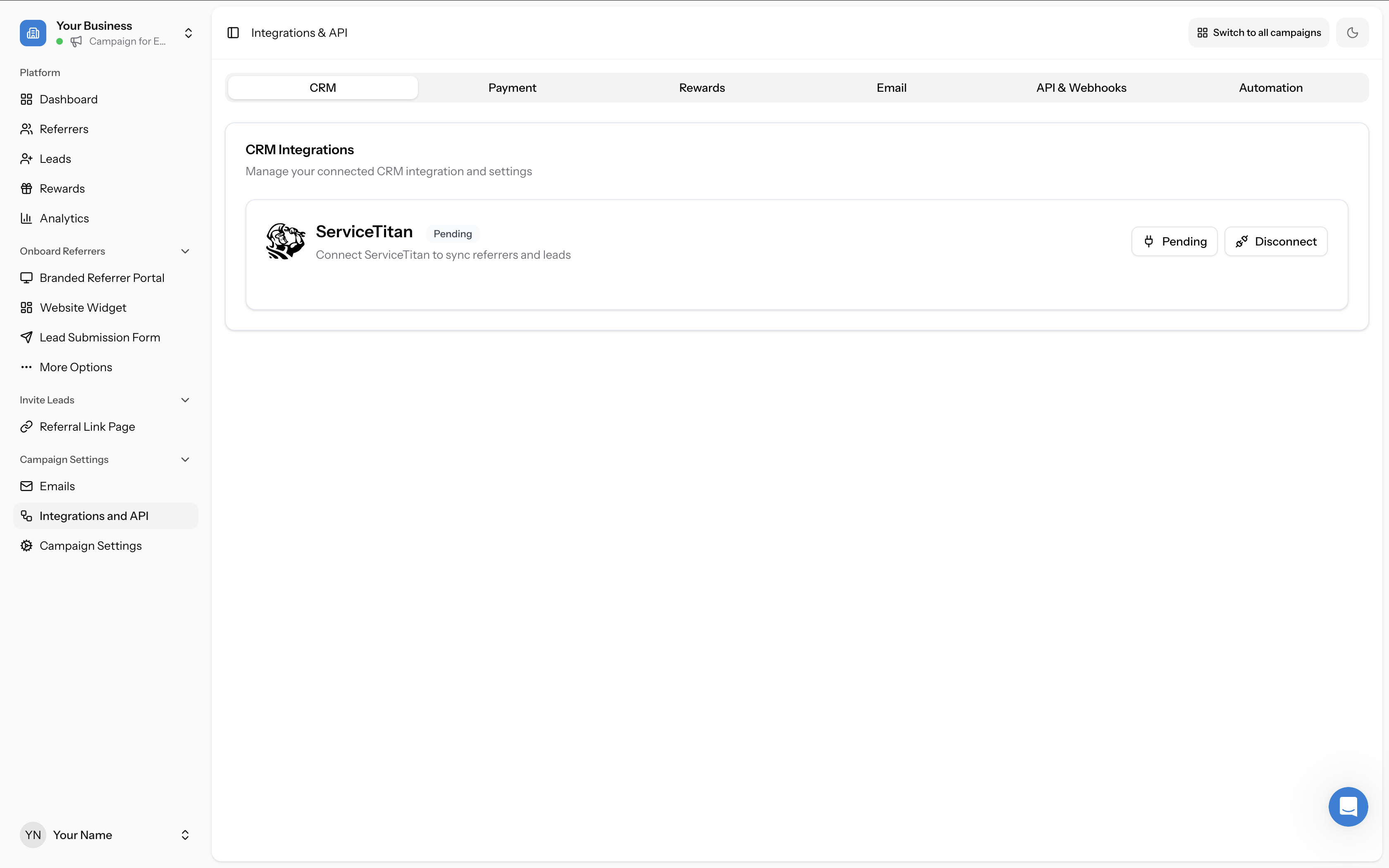 CRM tab with ServiceTitan showing Pending status badge