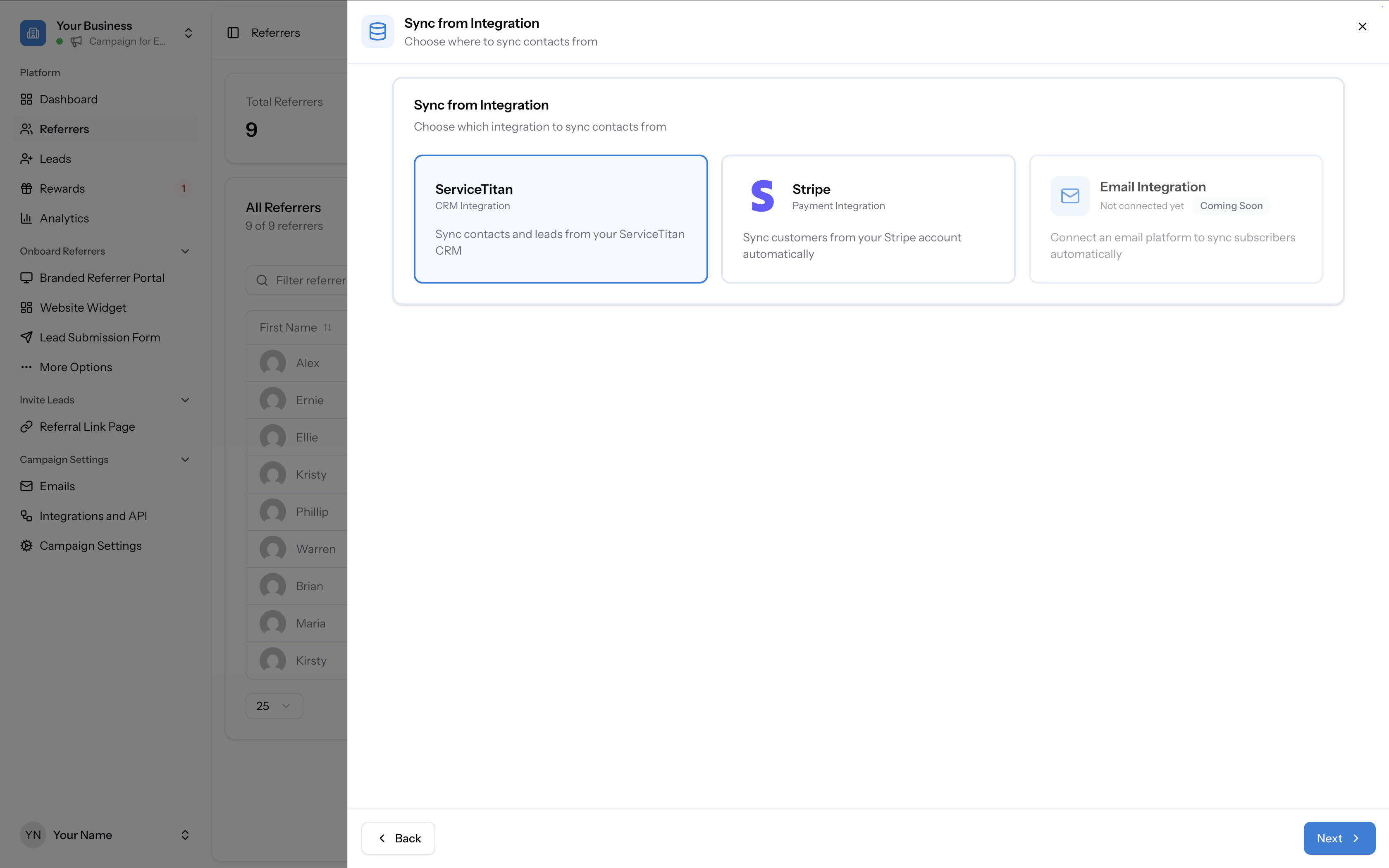 Sync from Integration screen showing ServiceTitan CRM integration, Stripe Payment Integration, and Email Integration options