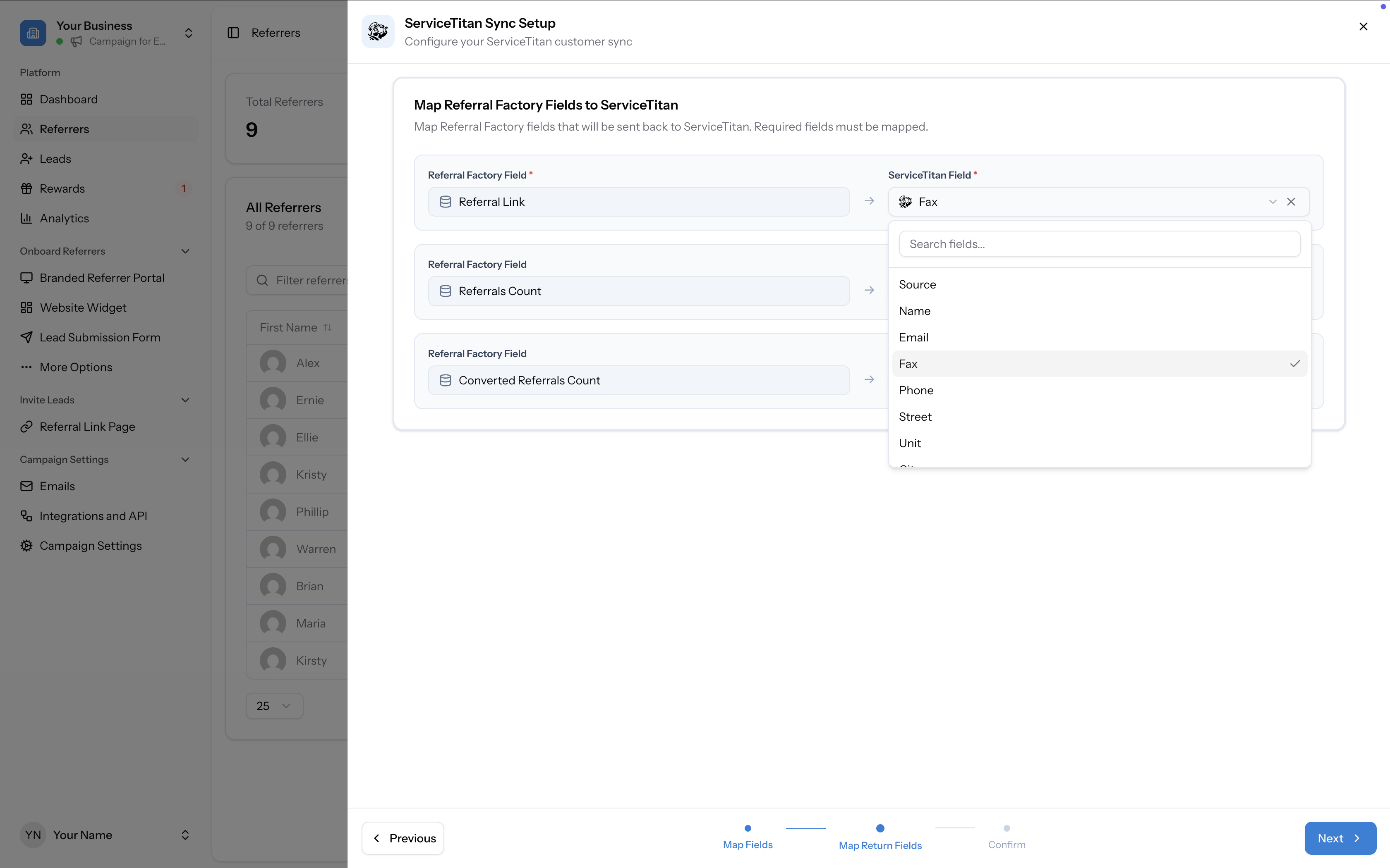 Map Return Fields step showing Referral Factory fields mapped to ServiceTitan fields, with a field search dropdown