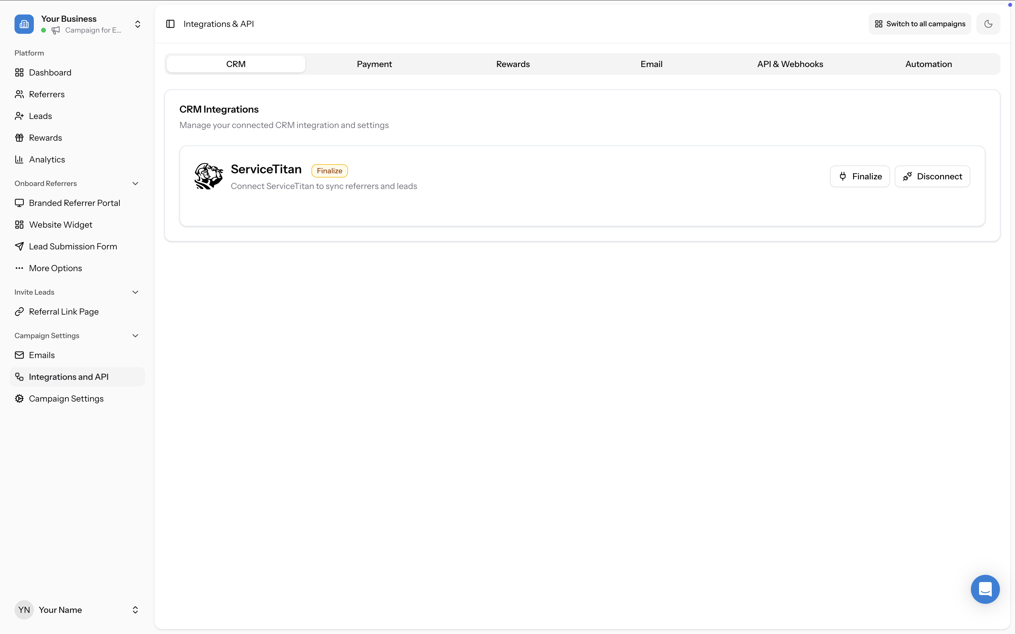 CRM tab with ServiceTitan showing Finalize status badge