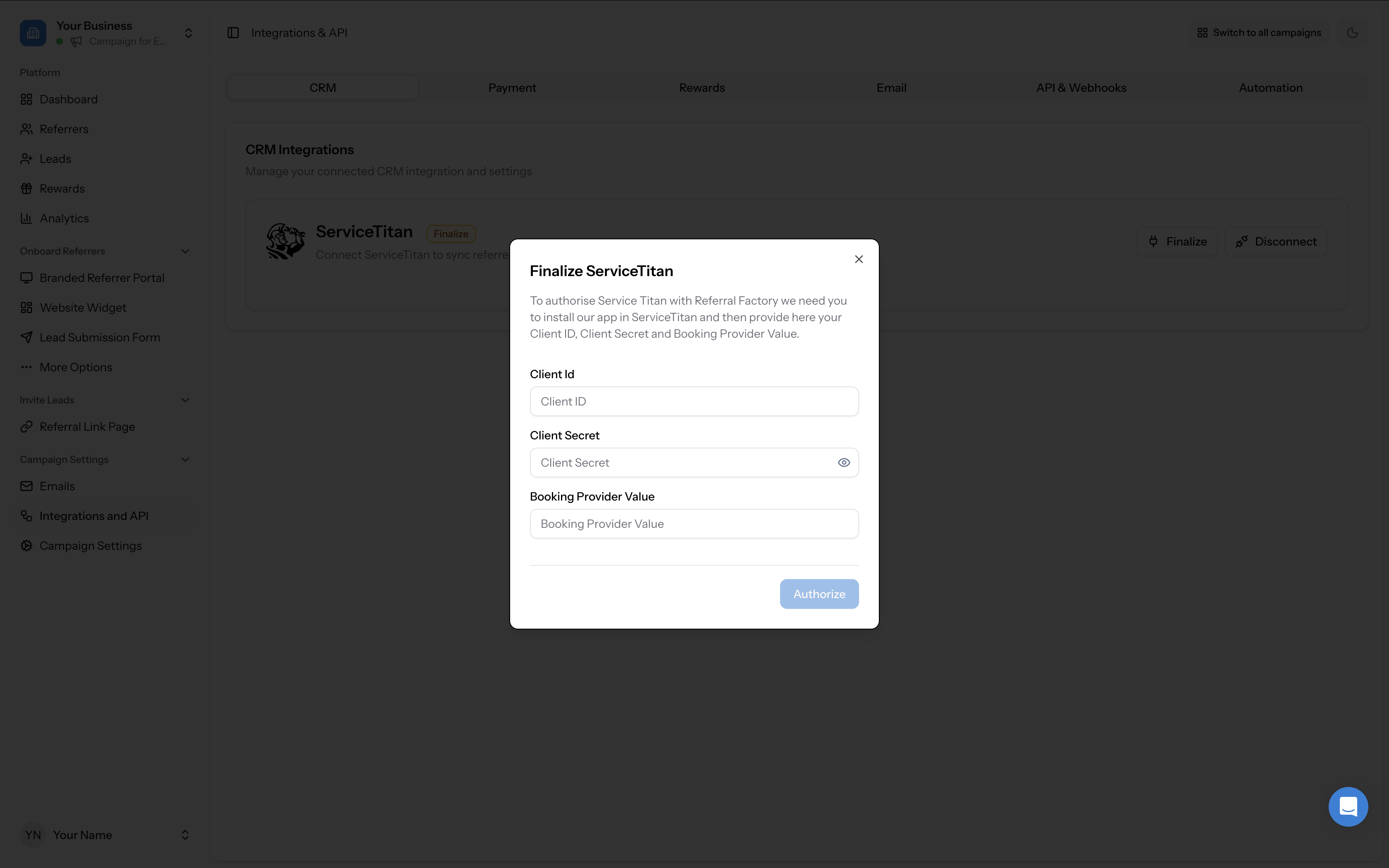 "Finalize ServiceTitan" modal with Client ID, Client Secret, and Booking Provider Value fields and Authorize button