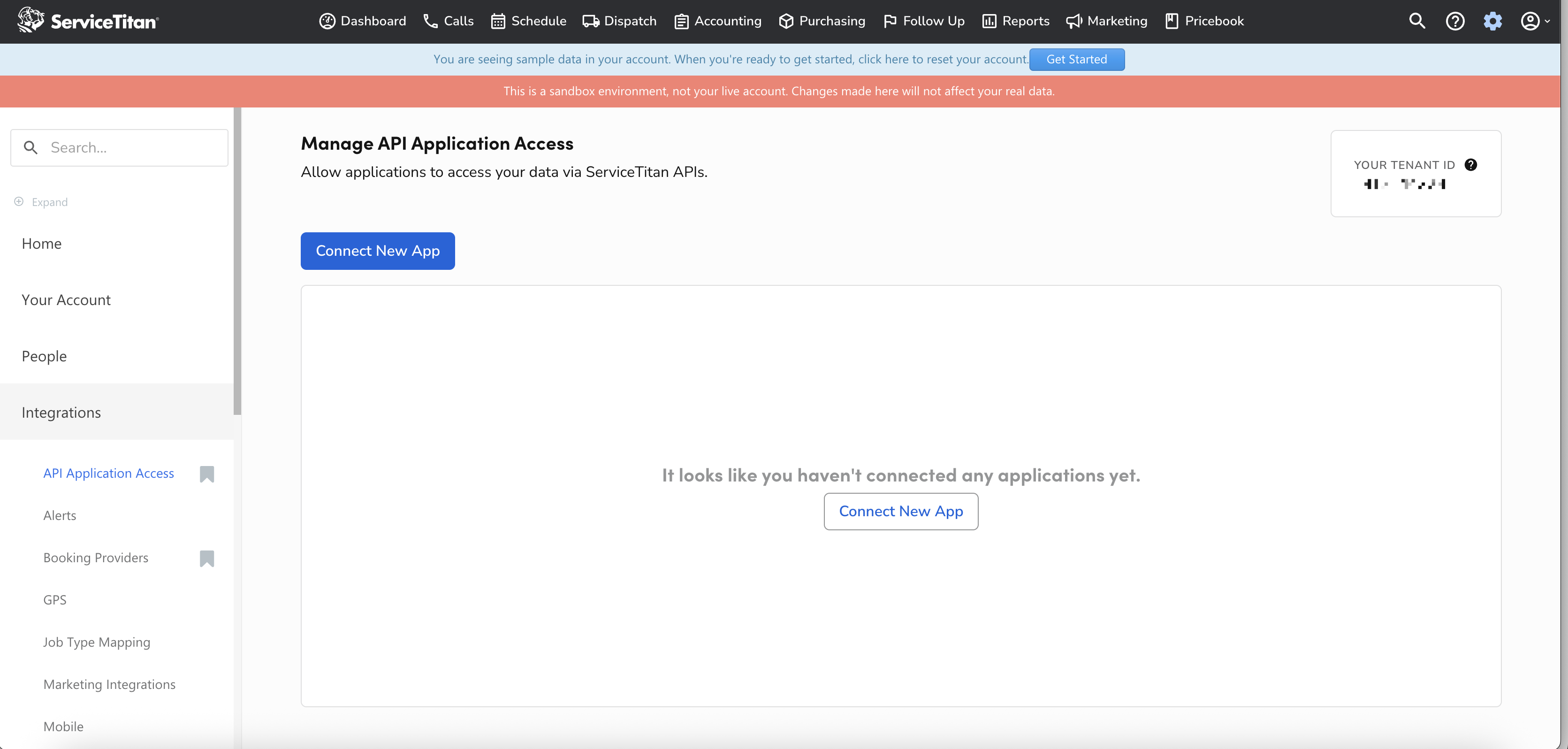 ServiceTitan Manage API Application Access page showing Connect New App button and Your Tenant ID in top-right corner