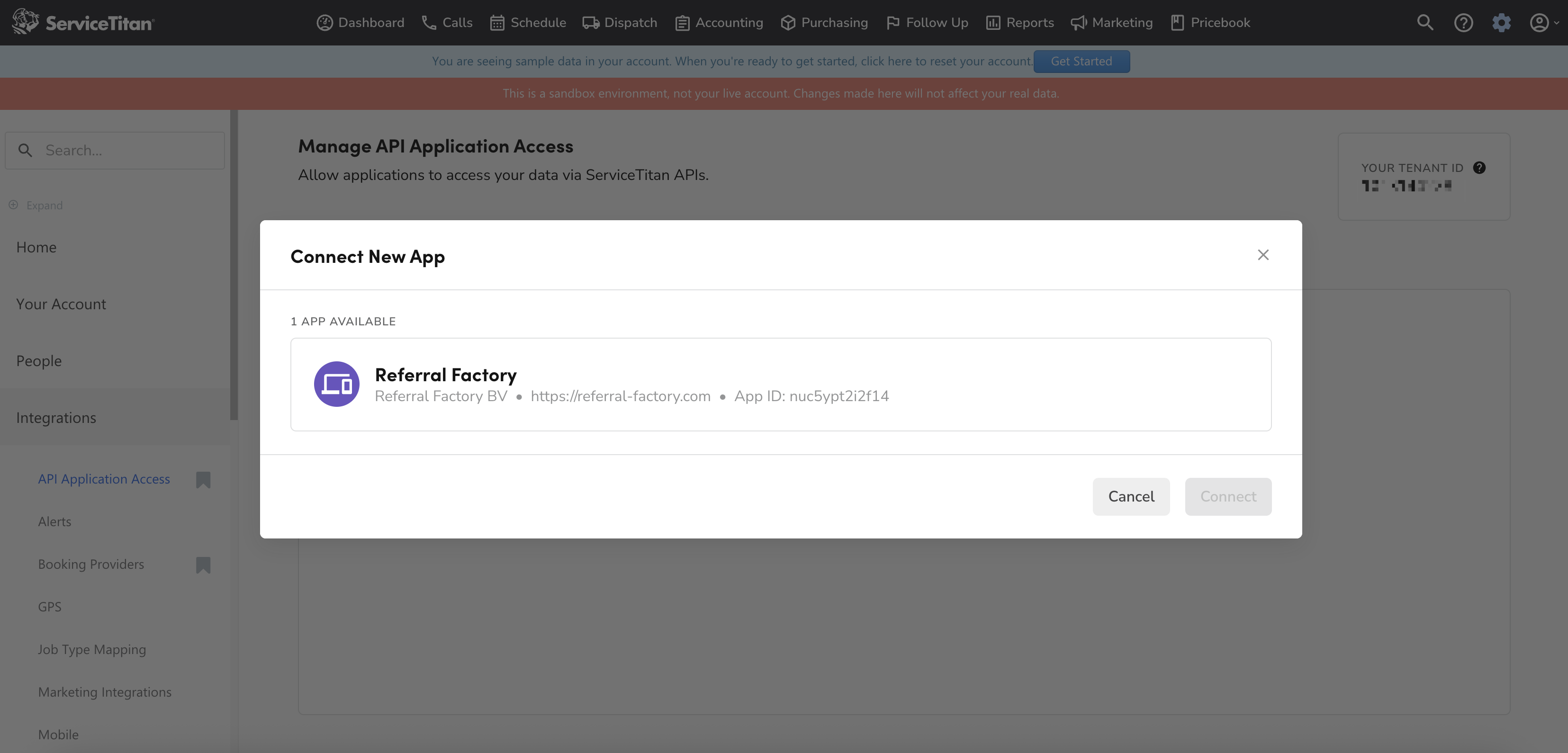 Connect New App modal showing Referral Factory app listed under 1 App Available with Connect button