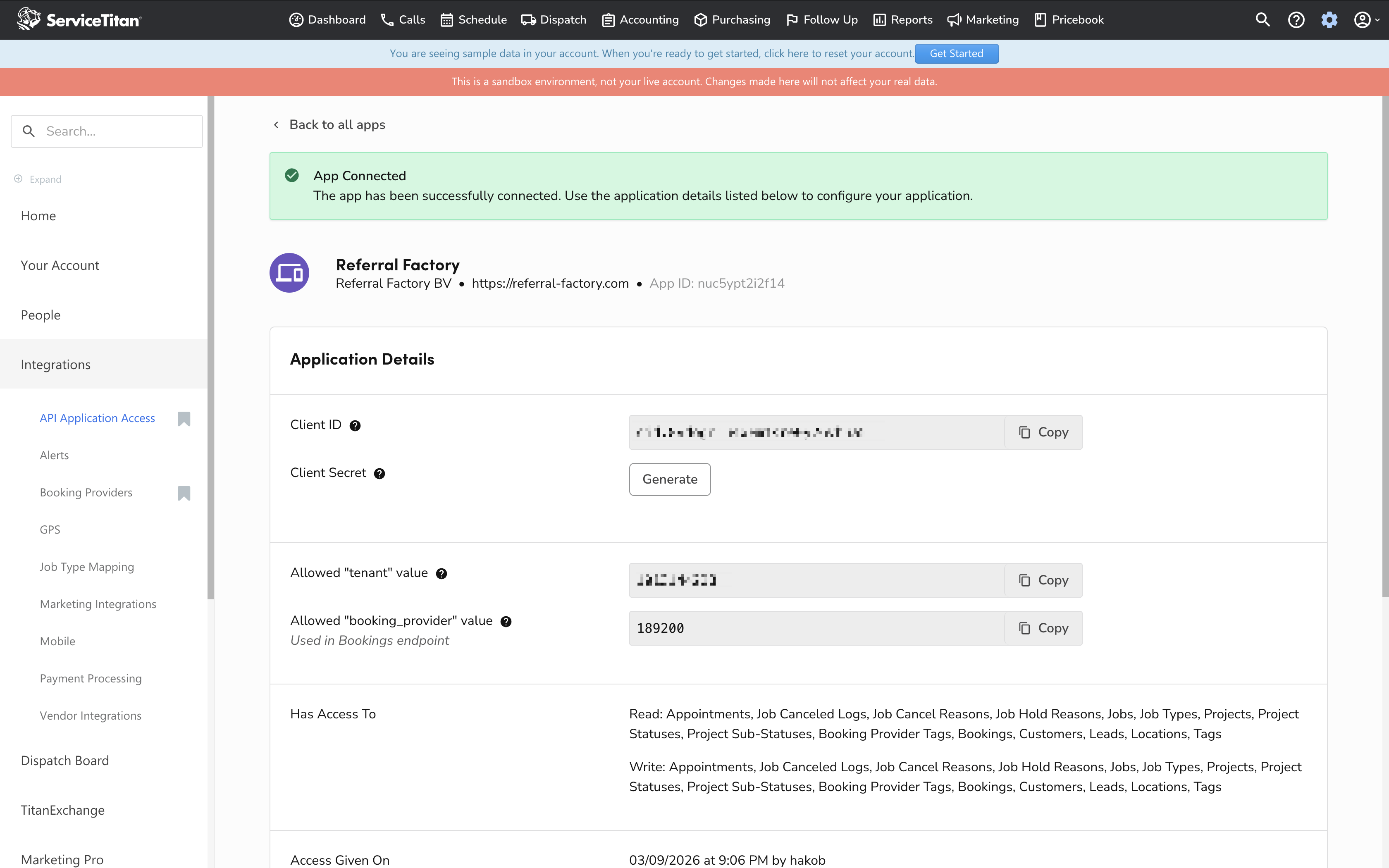 ServiceTitan Application Details page showing Client ID with Copy button, Client Secret with Generate button, Allowed tenant value, and Allowed booking_provider value with Copy button