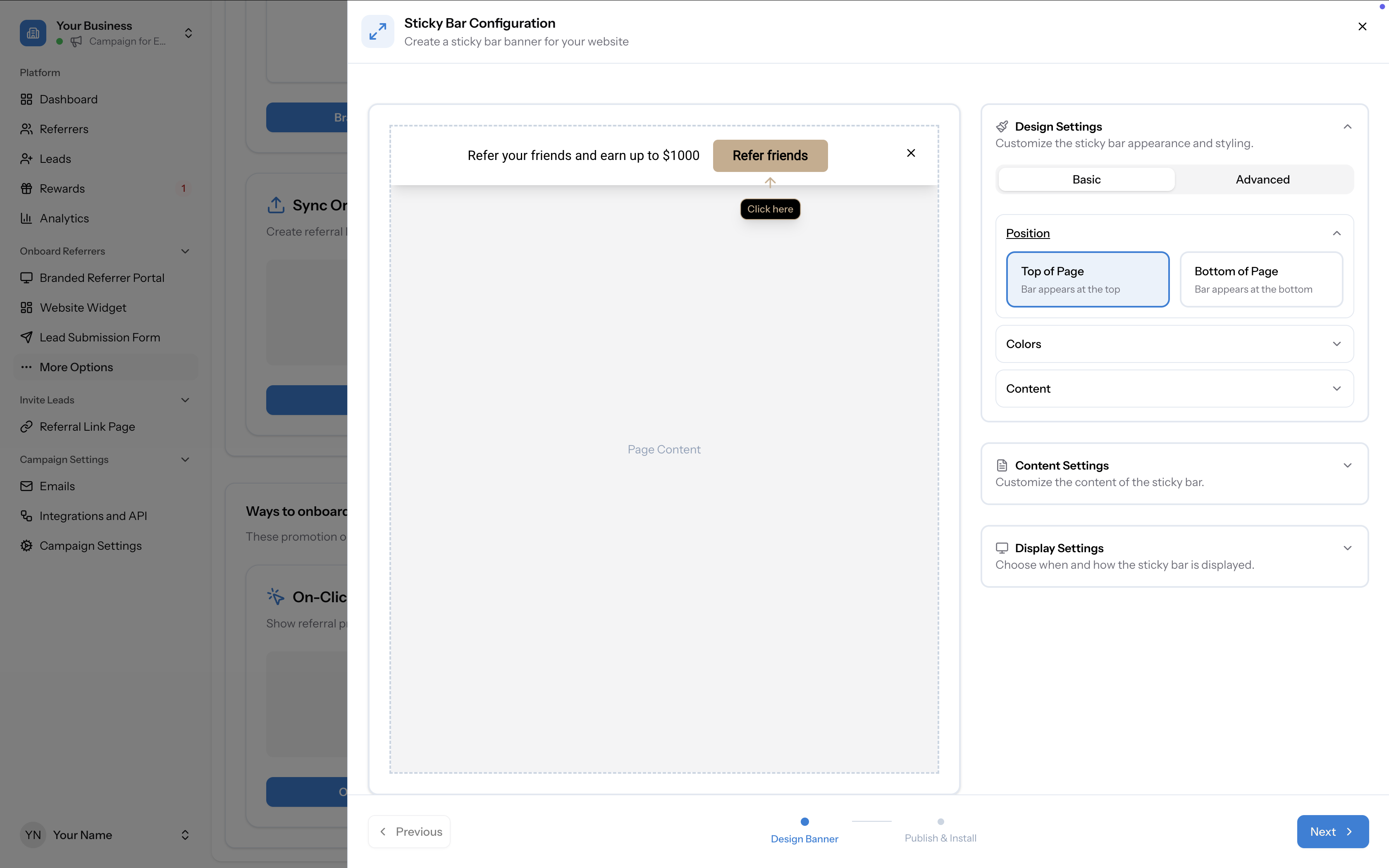 Sticky Bar Configuration panel showing the banner preview at the top, page content area below, and Design Settings / Content Settings / Display Settings on the right